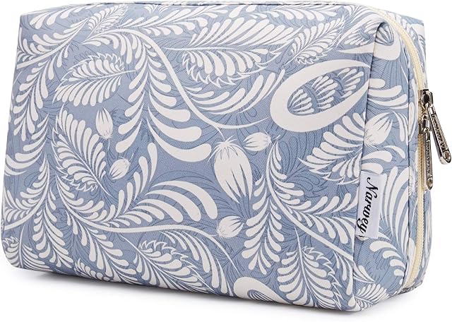 Large Makeup Bag Zipper Pouch Travel Cosmetic Organizer for Women and Girls (Blue Leaf, Large)