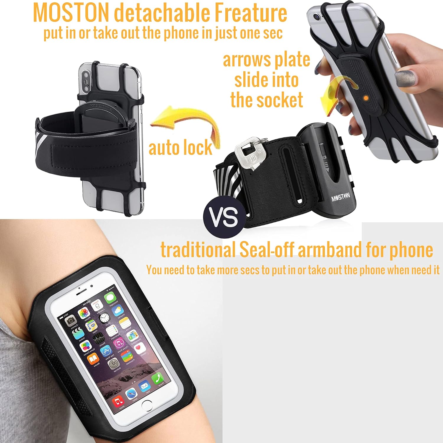 MOSTON Detachable Running Armband Fit Size 4-7 inch Screen Cell Phone Case.for Women Men Sports Running Hiking Cycling Walking Jogging Gym Workout Arm Band for All iPhone/Sumsung/LG Phones
