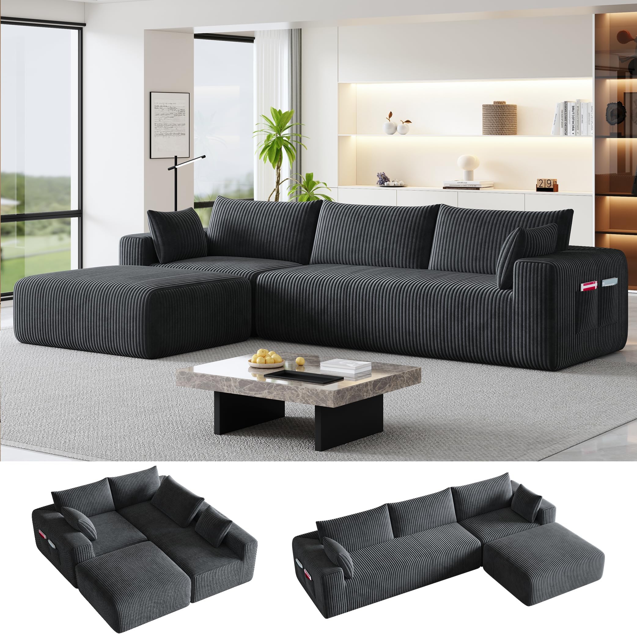 108" Cloud Couch Modular Sectional Sofa for Living Room,L Shaped Boneless Couch with Deep Seat Chaise,No Assembly Required Foam Sleeper Sofa for Apartments,Plush Corduroy Fabric, Dark Gray