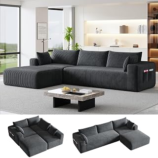 110”Modern Modular L-Shape Couch with Chaise, Modular Sectional Couches for Living Room, Deep Seat Boneless Sofa Bed, No Assembly Required Sleeper Sofa, Plush Corduroy Fabric, Dark Gray - Amazon product rated Grade B