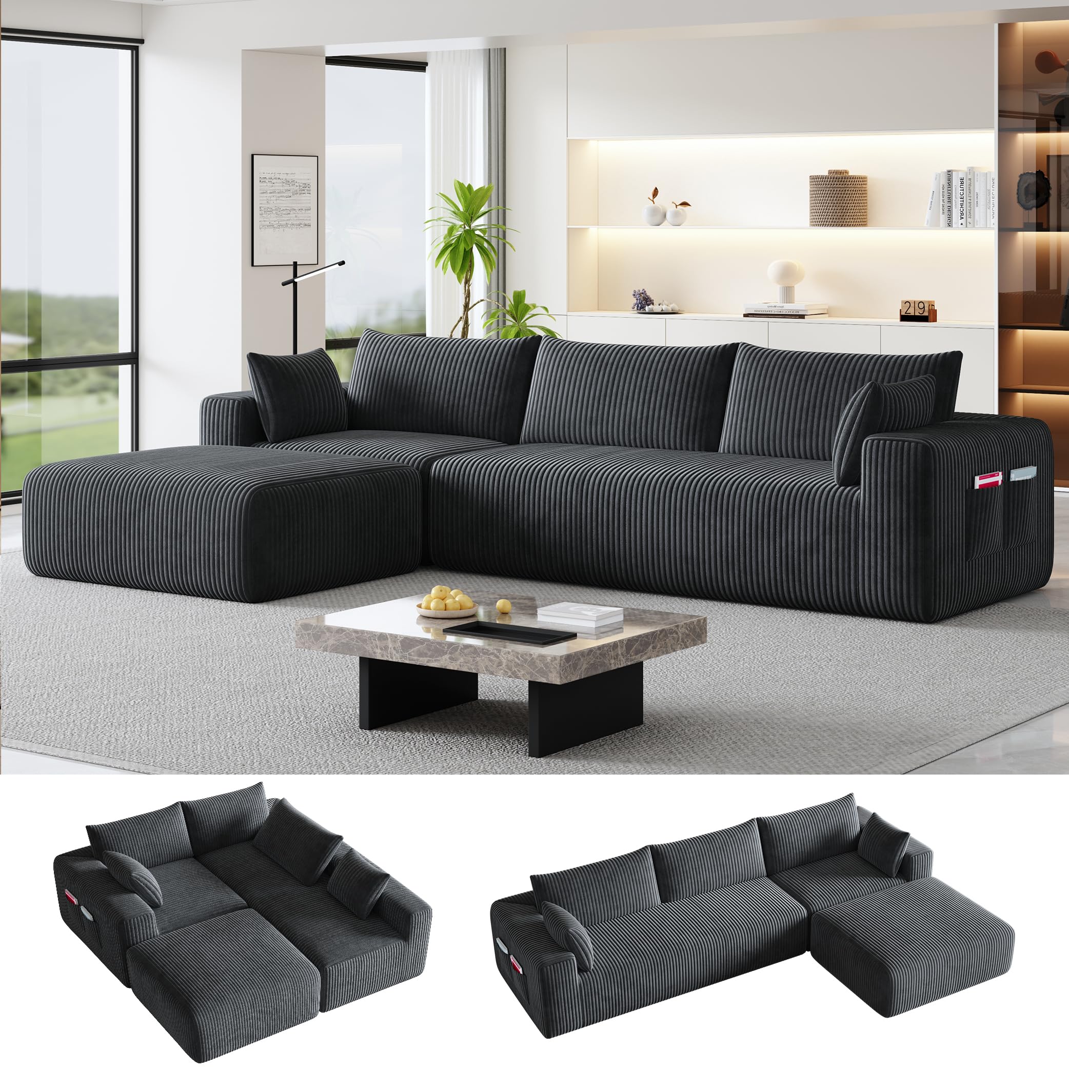 110”Modern Modular L-Shape Couch with Chaise, Modular Sectional Couches for Living Room, Deep Seat Boneless Sofa Bed, No Assembly Required Sleeper Sofa, Plush Corduroy Fabric, Dark Gray