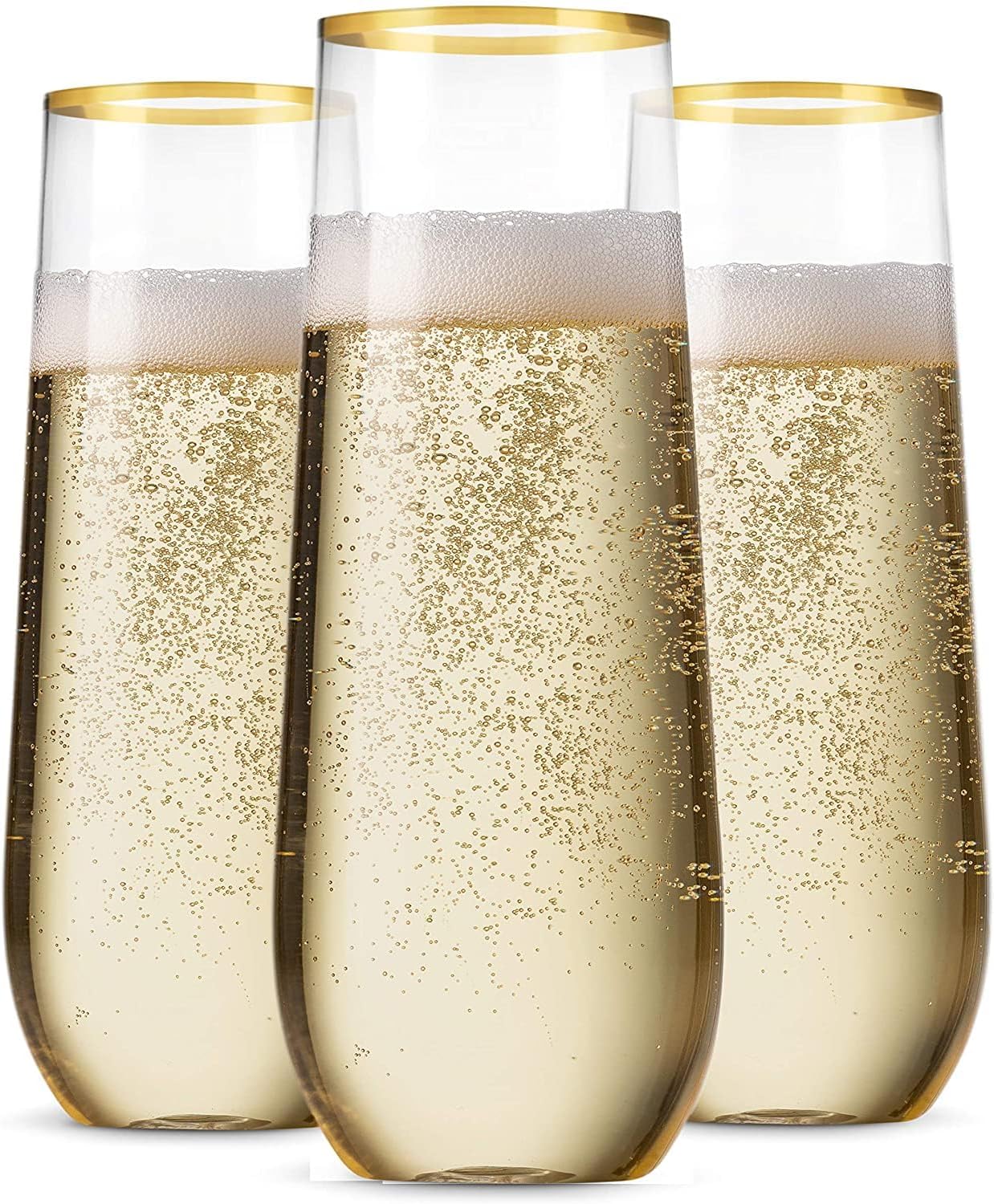 Munfix 12 Pack Stemless Plastic Champagne Flutes, Disposable 9 Oz Gold Rim Clear Plastic Toasting Glasses Shatterproof Recyclable and BPA-Free