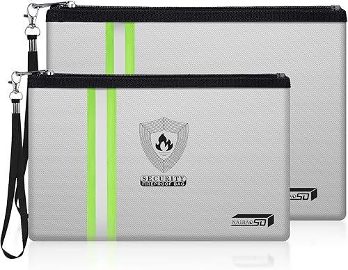 Fireproof Document Bag (13.3x 9.4) with Reflective Strip, NAIBAOSD Fireproof Money Bag(10.8x 6.8) with Metal Zipper & Strap Fireproof Bag for