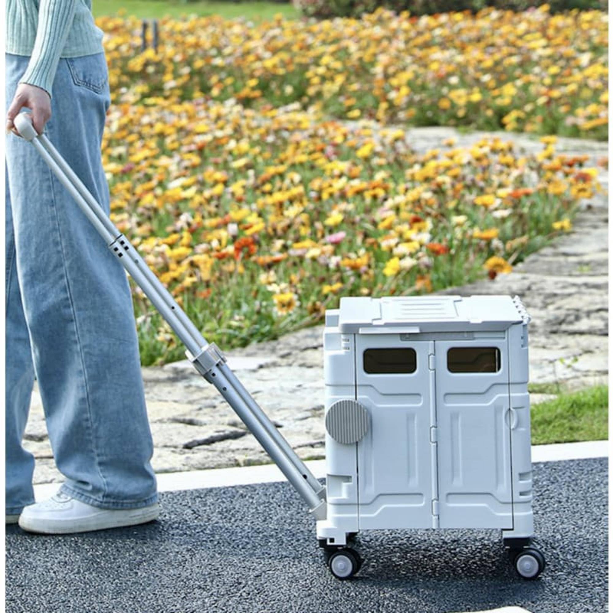 Well Home Carro de la Compra Plegable Tipo Caja con Tapa y Ruedas, Caja de Almacenaje para Maletero de Coche, Asa Telescópica Reforzada, Capacidad 56L