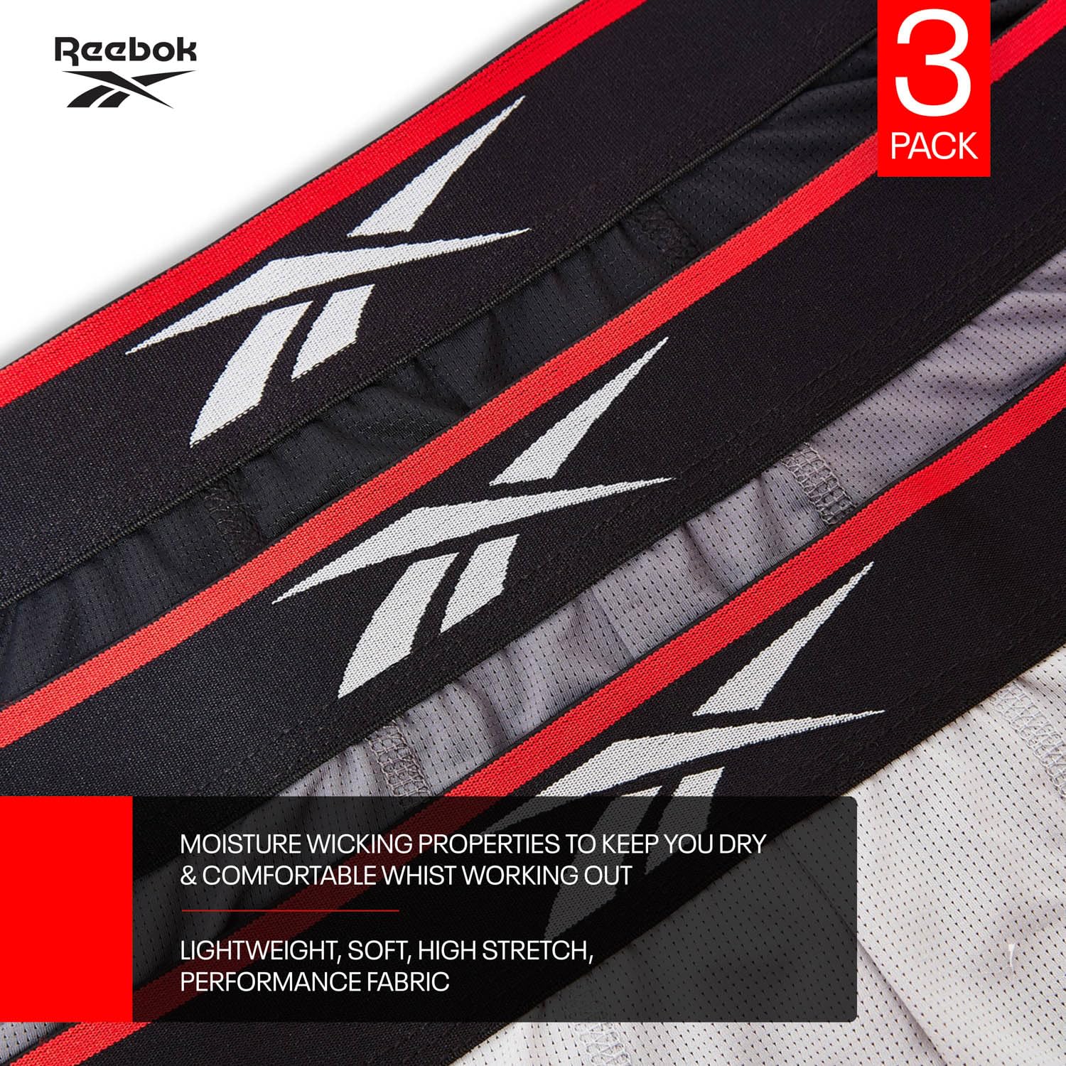 Reebok Glynn Bokserki Męskie, 3 Sztuki, Oddychające i Rozciągliwe Bokserki Męskie, Wielopak, Czarny/Szary Marl/Charcoal Marl, L
