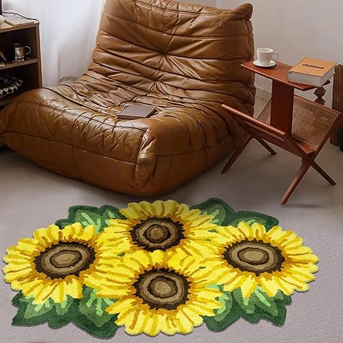USTIDE Alfombra de pelo alto con girasol, lavable a máquina, para dormitorio, sala de estar, pasillo, alfombra mullida en forma de flor (grande,