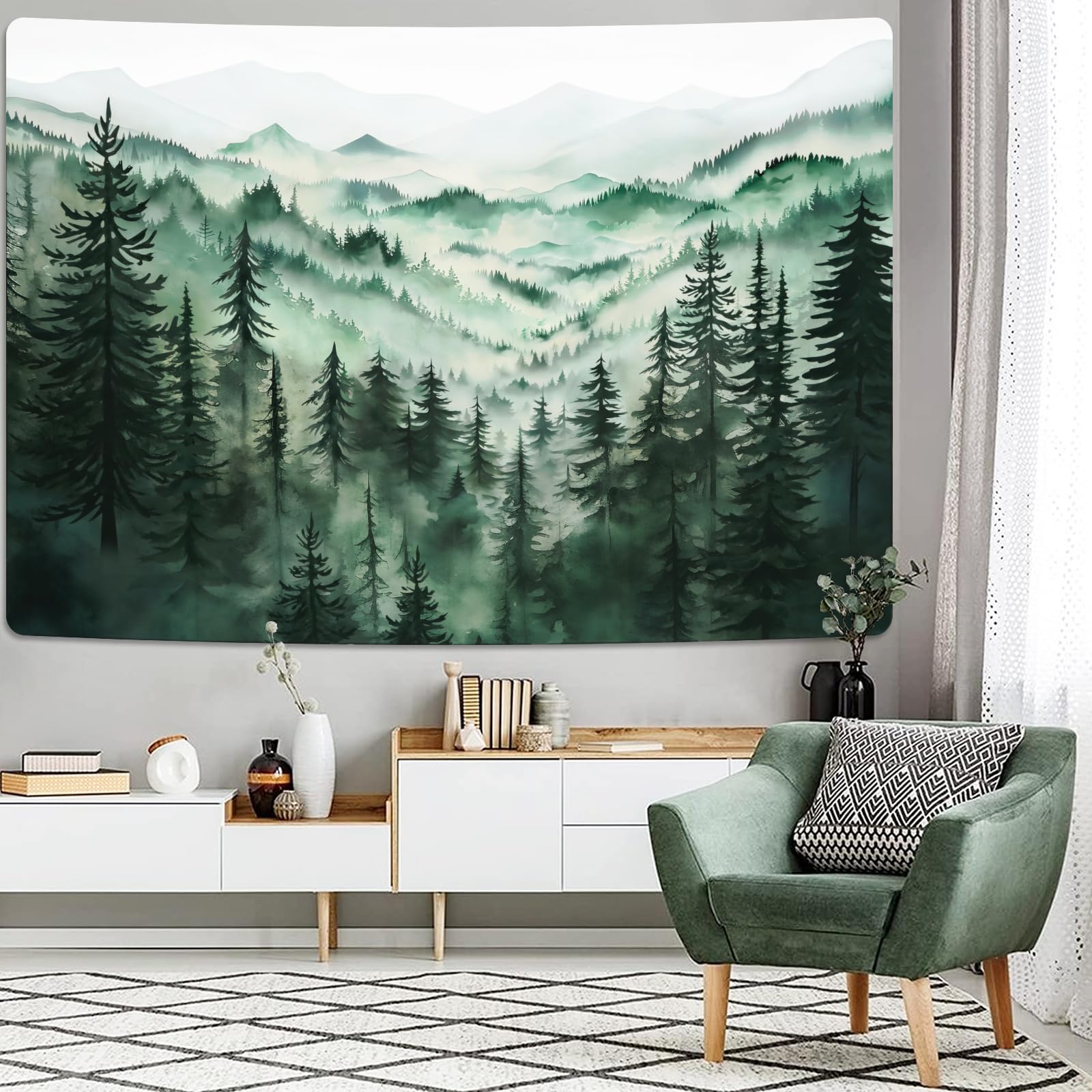 Uspring Wandteppich, Motiv: Nebliger Wald, Baum, Natur, neblige Landschaft, Wandteppich, großer grüner Wandteppich für Schlafzimmer, ästhetisch (150,1 x 210,1 cm)
