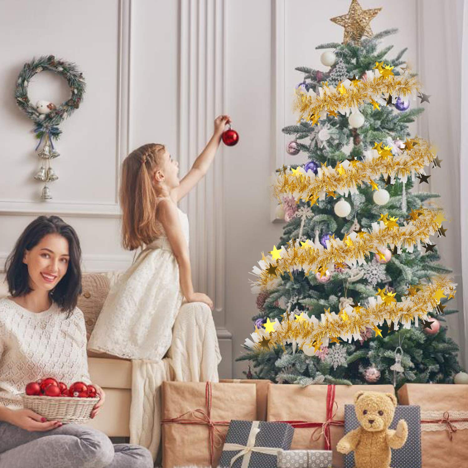 Guirnalda de espumillón para Navidad, Guirnalda de oropel navideña, oropel Grueso de 32,8 pies(Gold Star Tinsel)