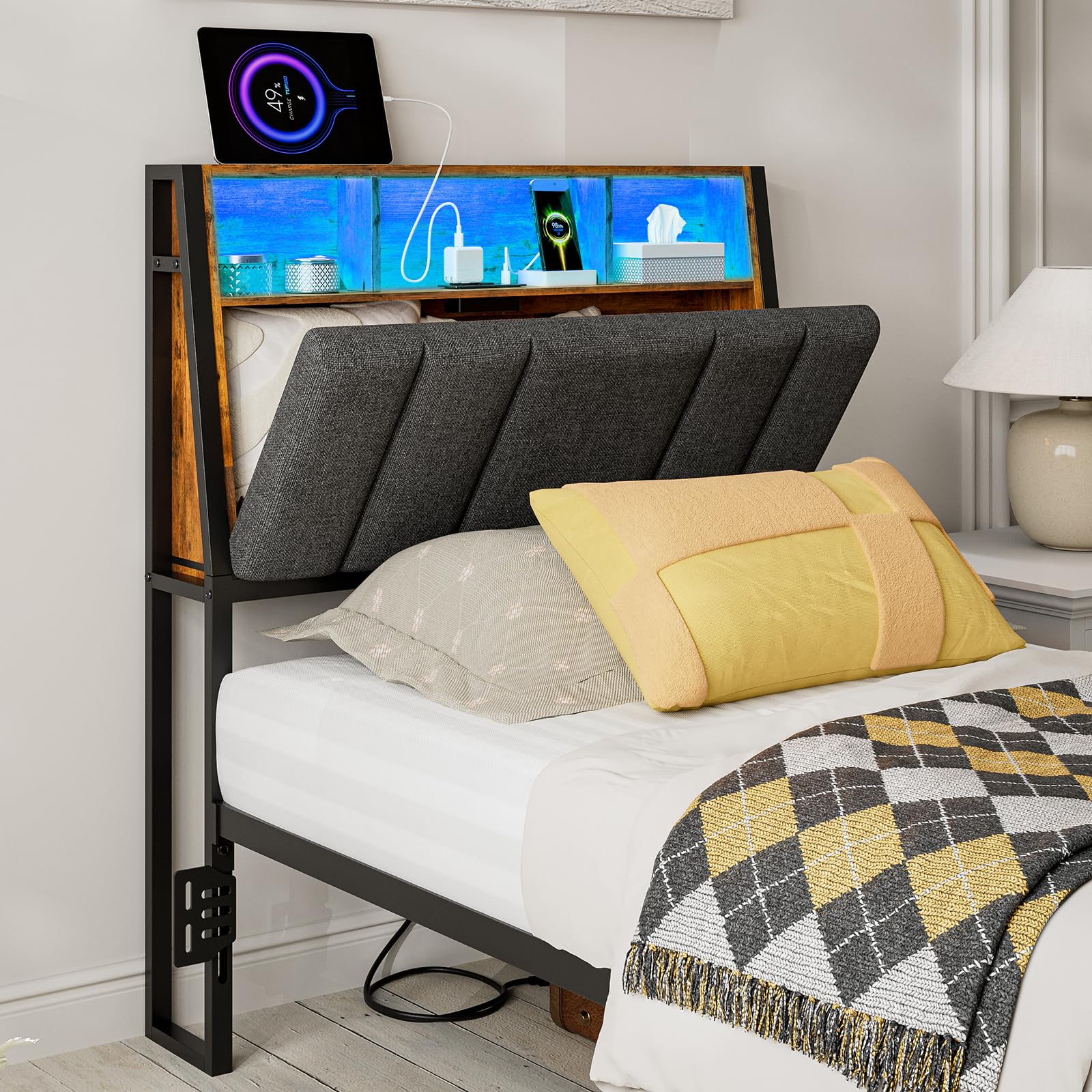 IKIFLY Twin Size Hidden Storage Headboard with LED Lights, Ergonomic Upholstered Twin XL Headboard Only with Charging Station, 2 Outlets & 2 USB Ports