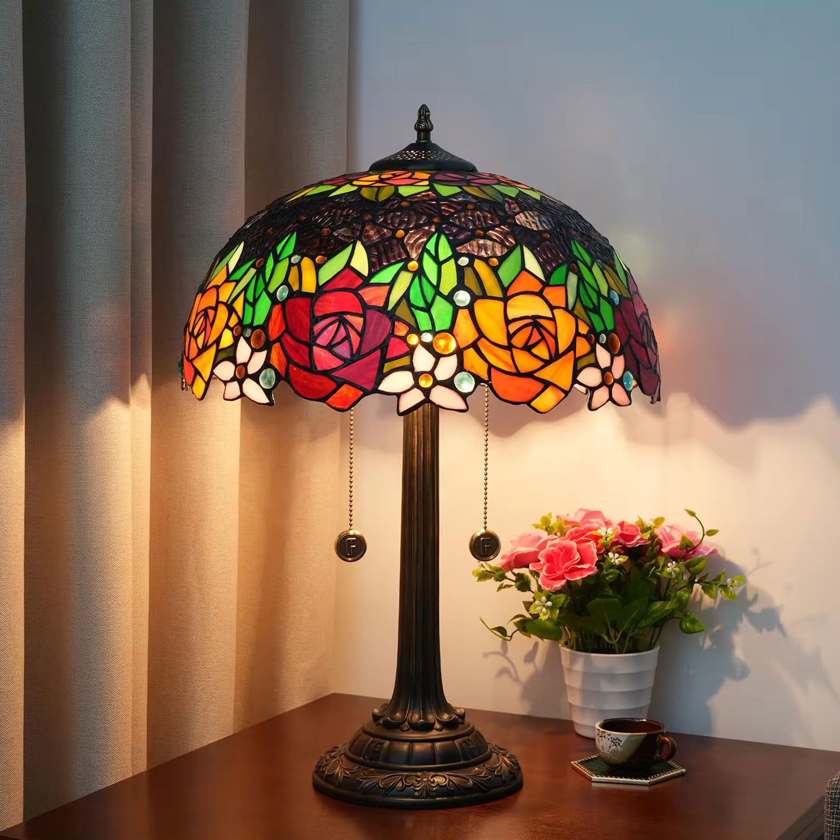 Witrażowa lampa stołowa ze sterowaniem dotykowym, 40 cm kwiat róży lampka do czytania do sypialni, salonu, domowego biura, oświetlenie komody