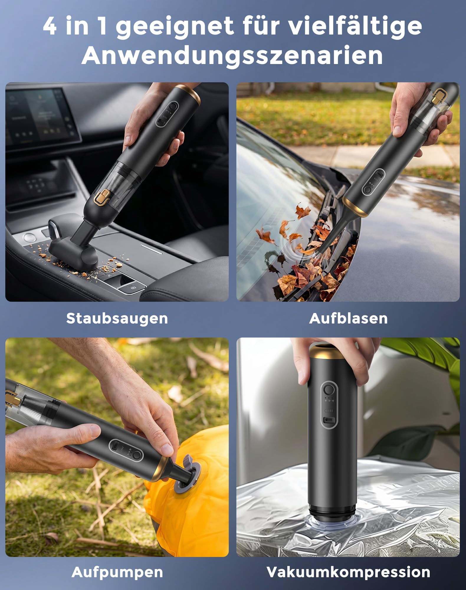 Handstaubsauger Akku,20 kPa Autostaubsauger,3 Leistungsstufen,Type-C Schnellladung Handstaubsauger kabellos,4-in-1:Saugen,Blasen,Aufblasen & Pumpen Goldener.