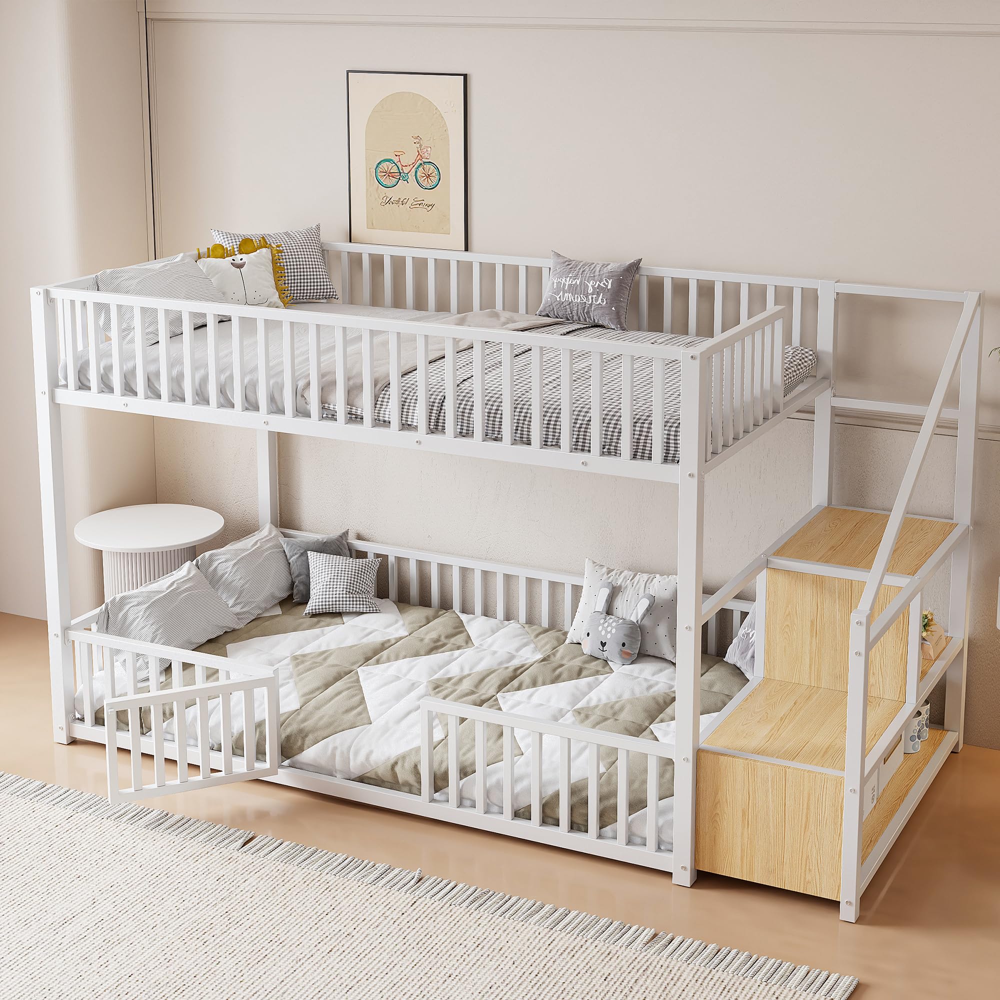 Bellemave Metal Bunk beds Twin Over Twin with Guardrail and Storage Stairs, Floor bunk Bed with guardrail for Kids, White