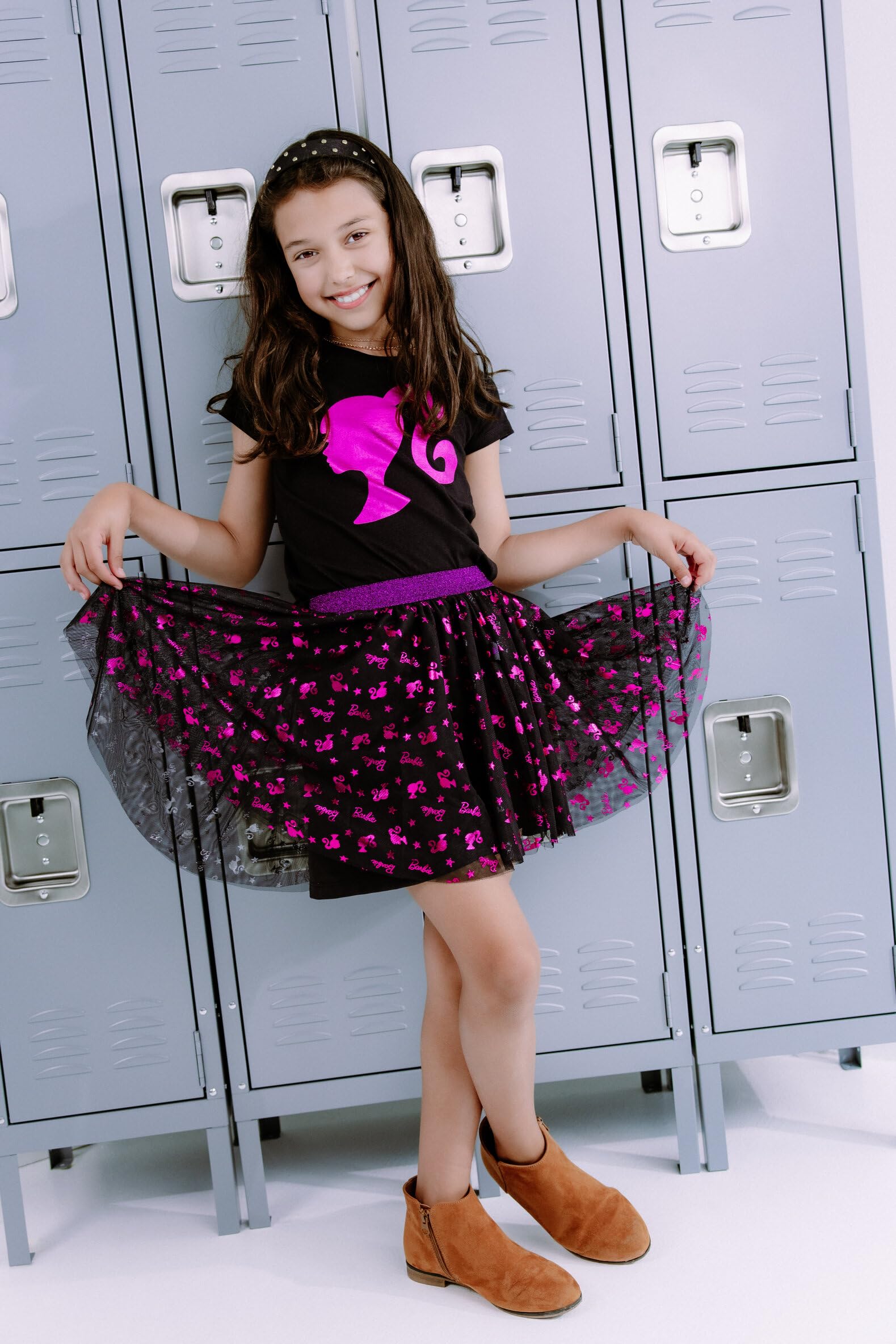 Barbie Maglietta da ragazza con stampa metallizzata e gonna in tulle, per bambini piccoli e grandi