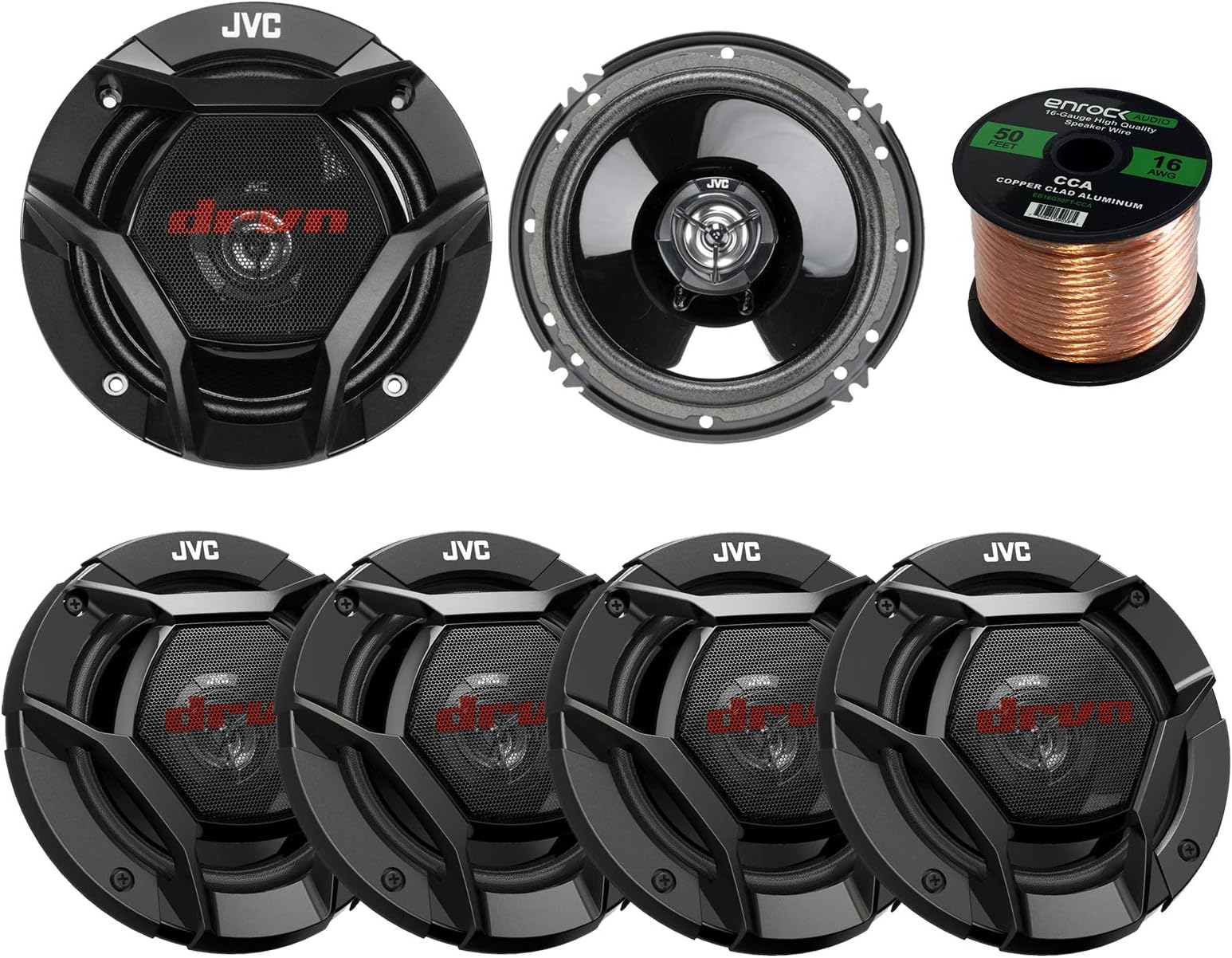 Car Speaker Package of 4X JVC CS-DR520 520-Watt 5-1/4" Inch 2-Way Vehicle Stereo Coaxial Speakers Bundle Combo with 2X CS-DR620 6.5" 300W 2-Way Audio Speakers + Enrock 50 Foot 16 Gauge Speaker Wire