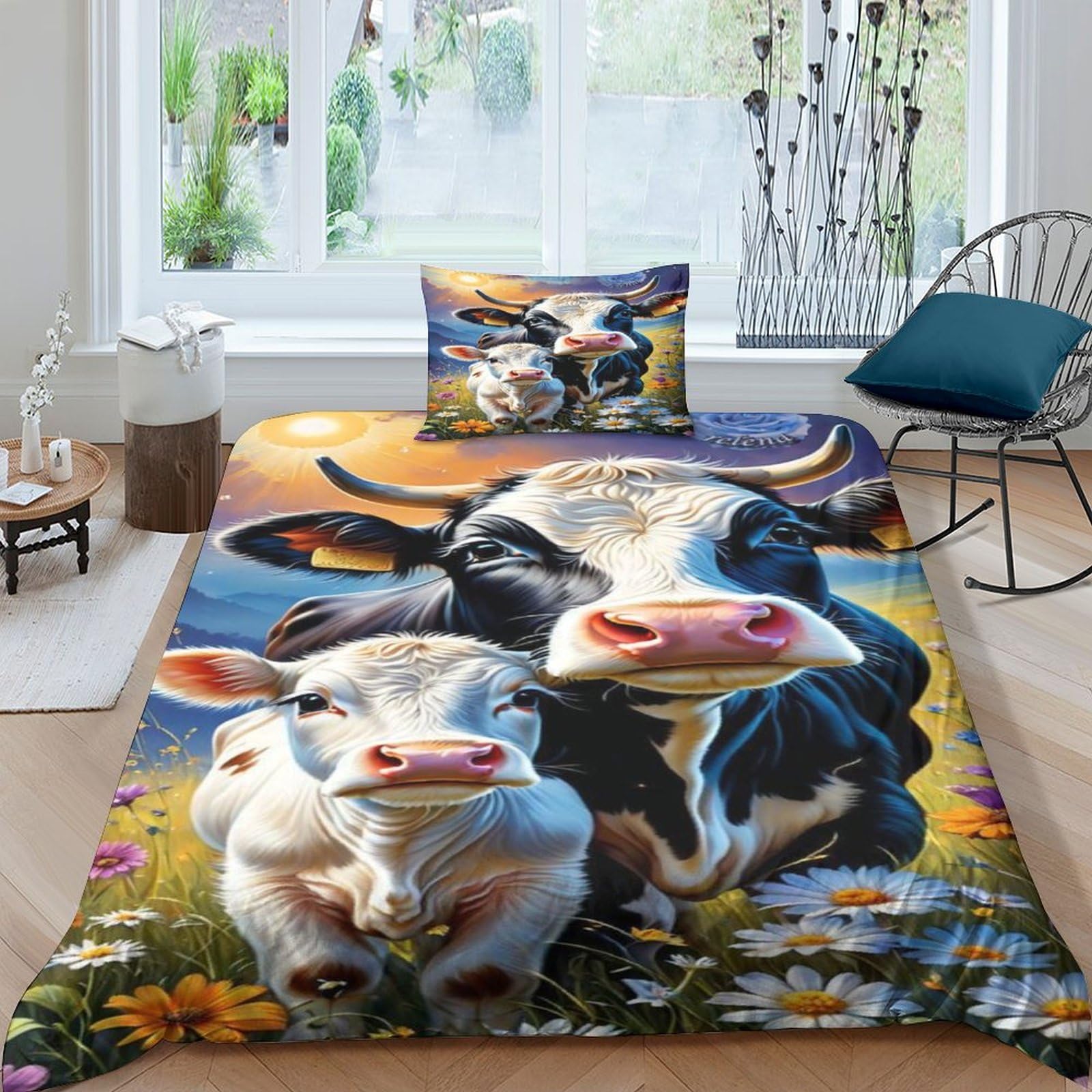 TNFHSOFT Highland Cows Quilt Cover 3D Kids Bedding Set 3 Pieces Ultra Soft Microfiber Polyester Comforter Cover Theme Quilt Cover with Zipper Closure2Pillow Case Easy Care,Single（135x200cm）