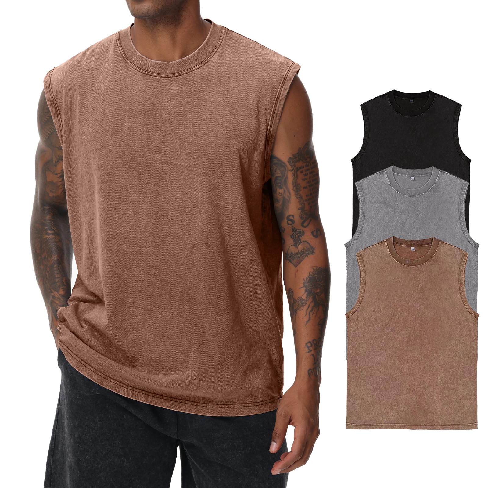 Herren Kurzarm Sommer Ärmelloses Shirt, Männer Fitness ärmellos Weste, Washed Sleeveless t-Shirt, Workout, Fitnessstudio, Baumwolle
