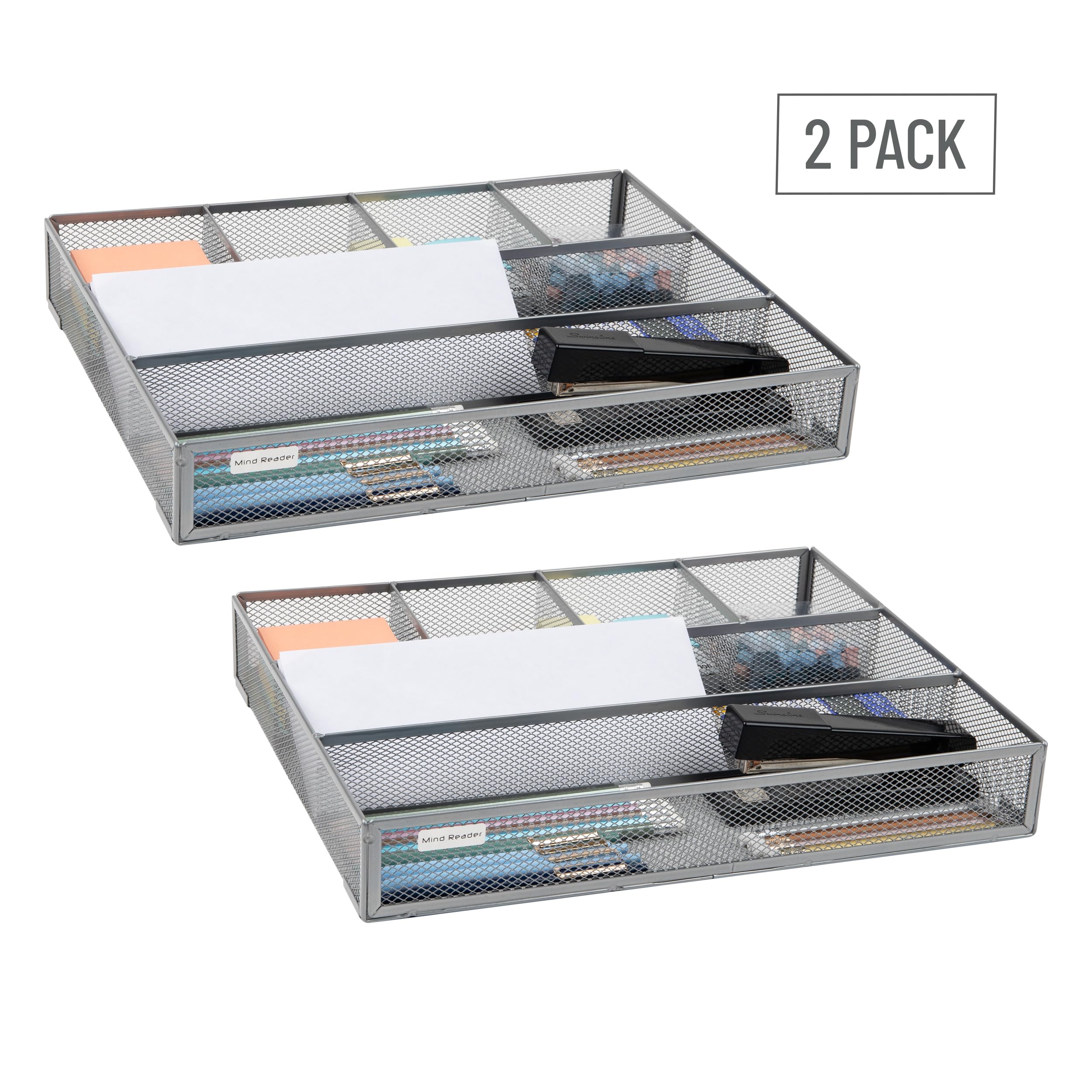 Mind Reader 2DEER-BLK, 2 pezzi, accessori da scrivania, rete metallica a 6 scomparti, organizer per cassetti Argento