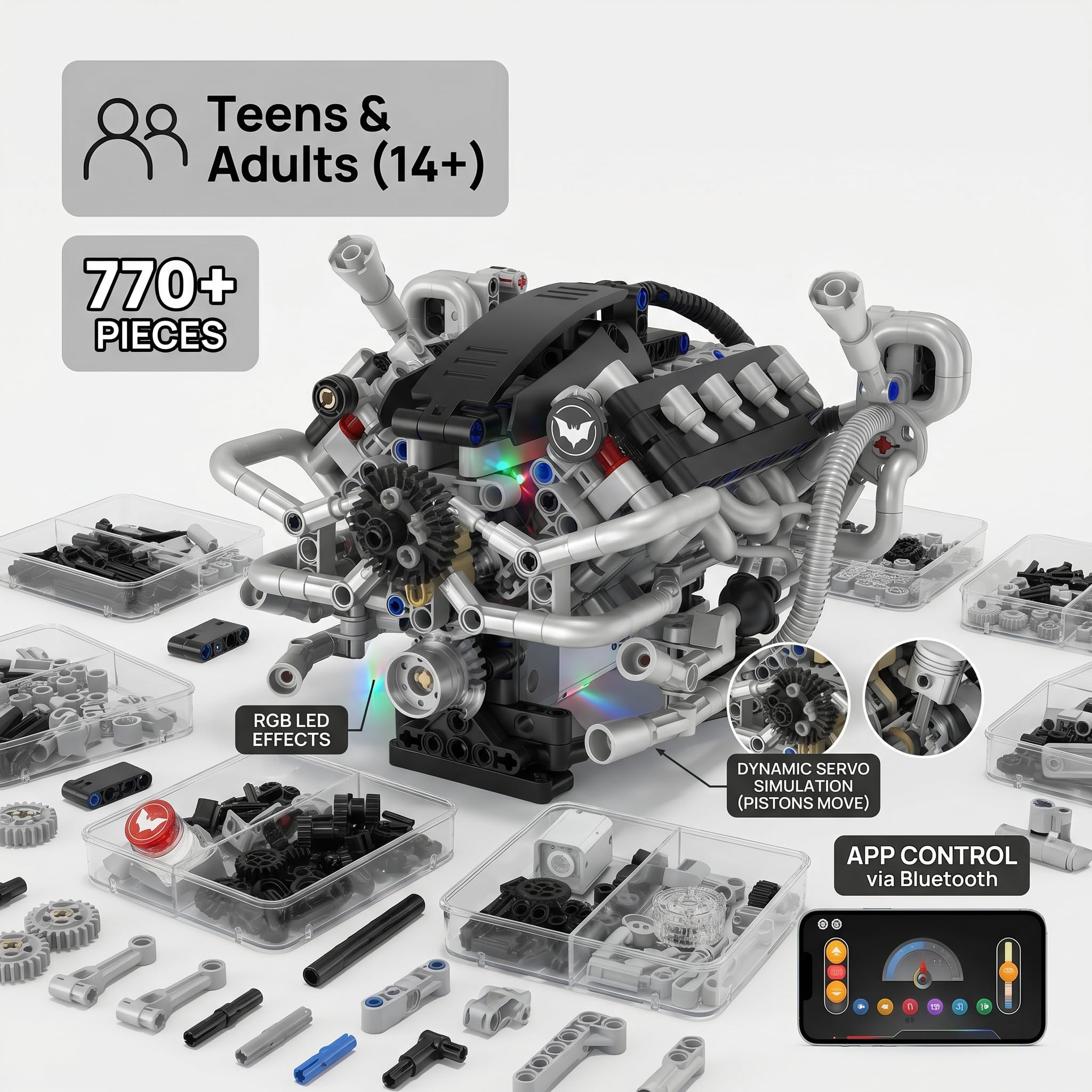 Kit Motor, V8 Modelo Set Proyecto Proyecto Regalo Set Creativo | kit motor: pistones móviles, servo motor, batería y luz simulada de bujía; escritorio, aula, exposición y colección