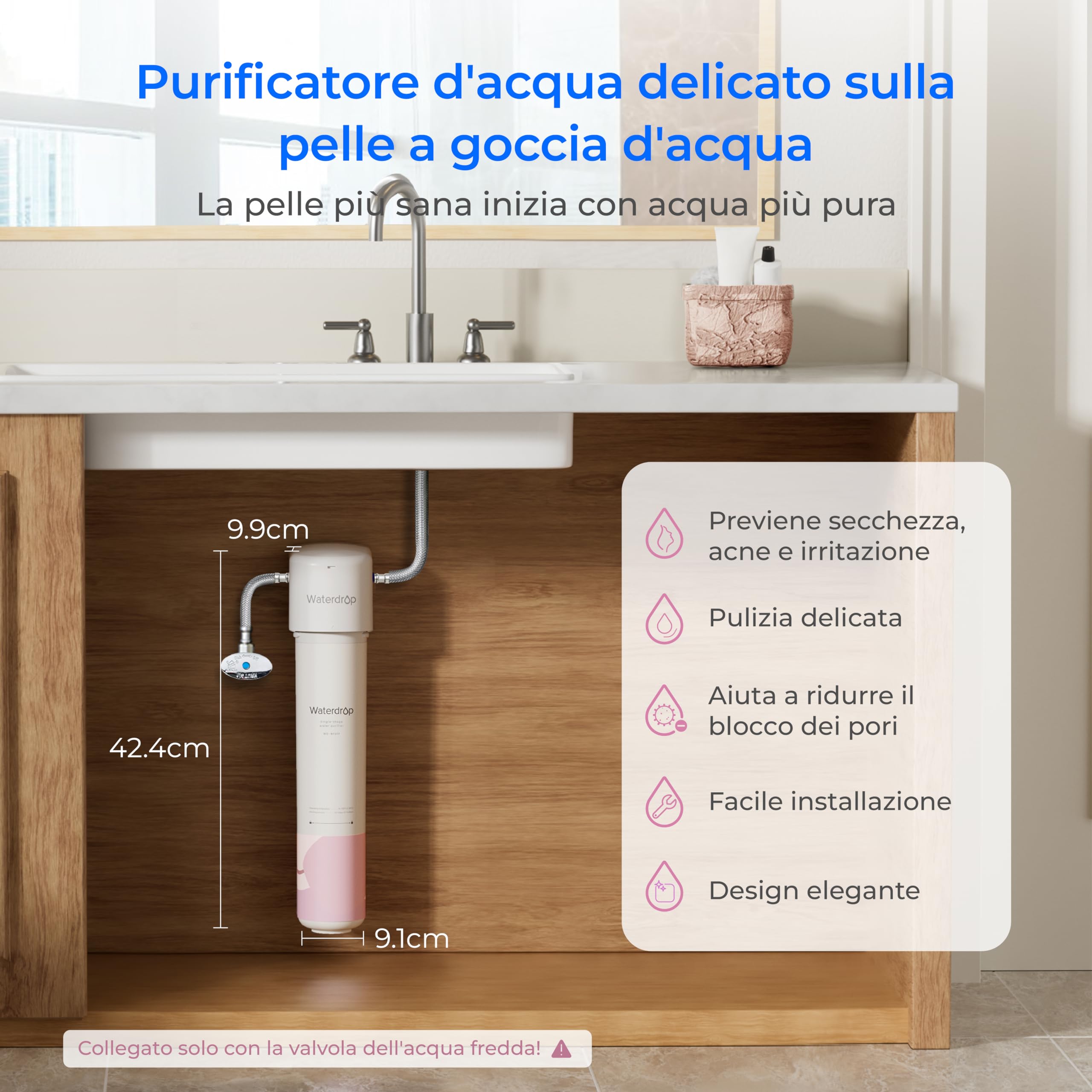 Waterdrop Filtro Acqua Sistema per la Cura del Viso, Acqua Dolce, TDS Inferiore, Arricchito di Stronzio, Riduce il 99,9% di Baçtăria nel Rubinetto del Lavandino del Bagno, WD-BFU1