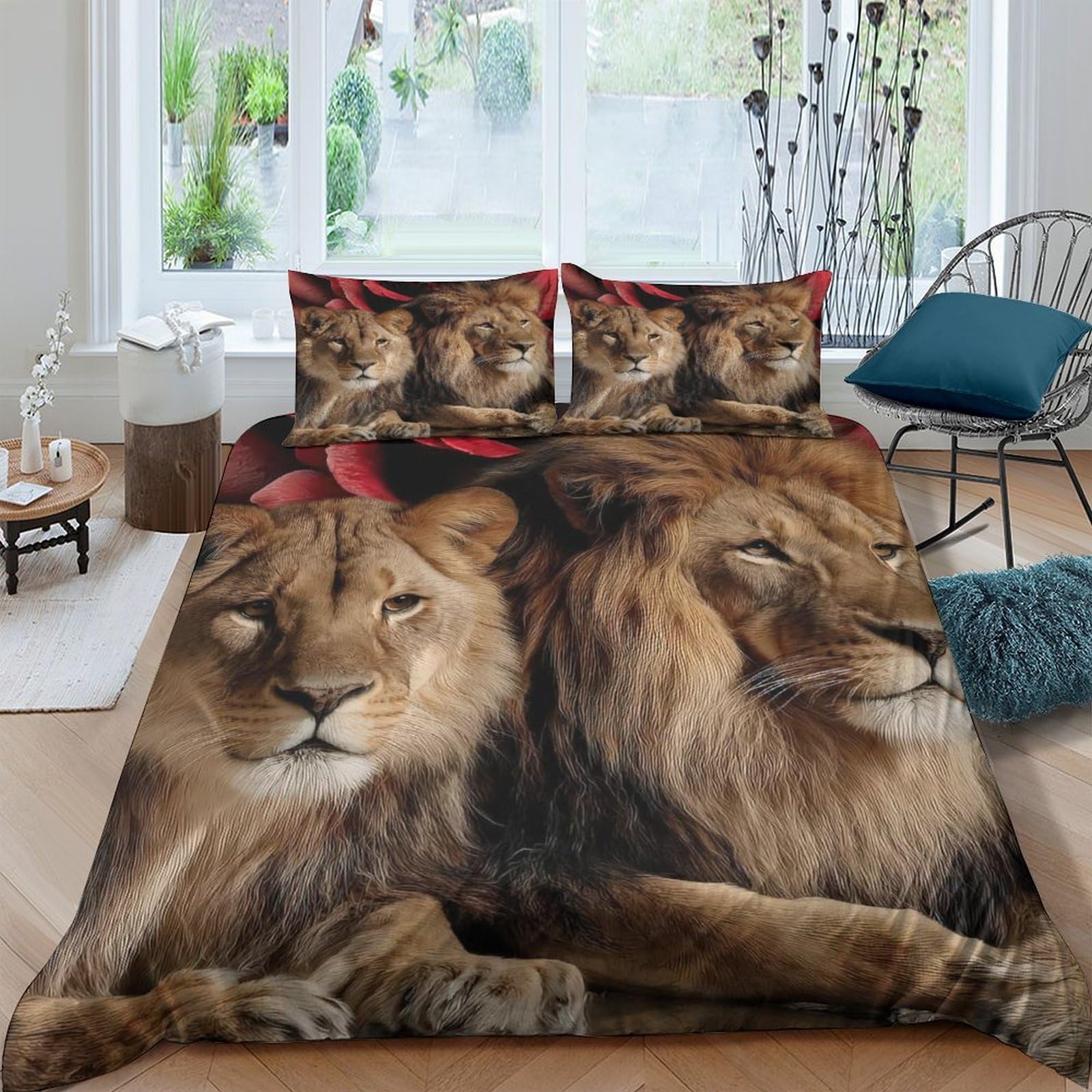 3D Printed Lion Couple Duvet Cover Set Microfiber Soft Breathable Animal Bedding with 2 Pillowcases for Bedroom Decor Single（135x200cm）