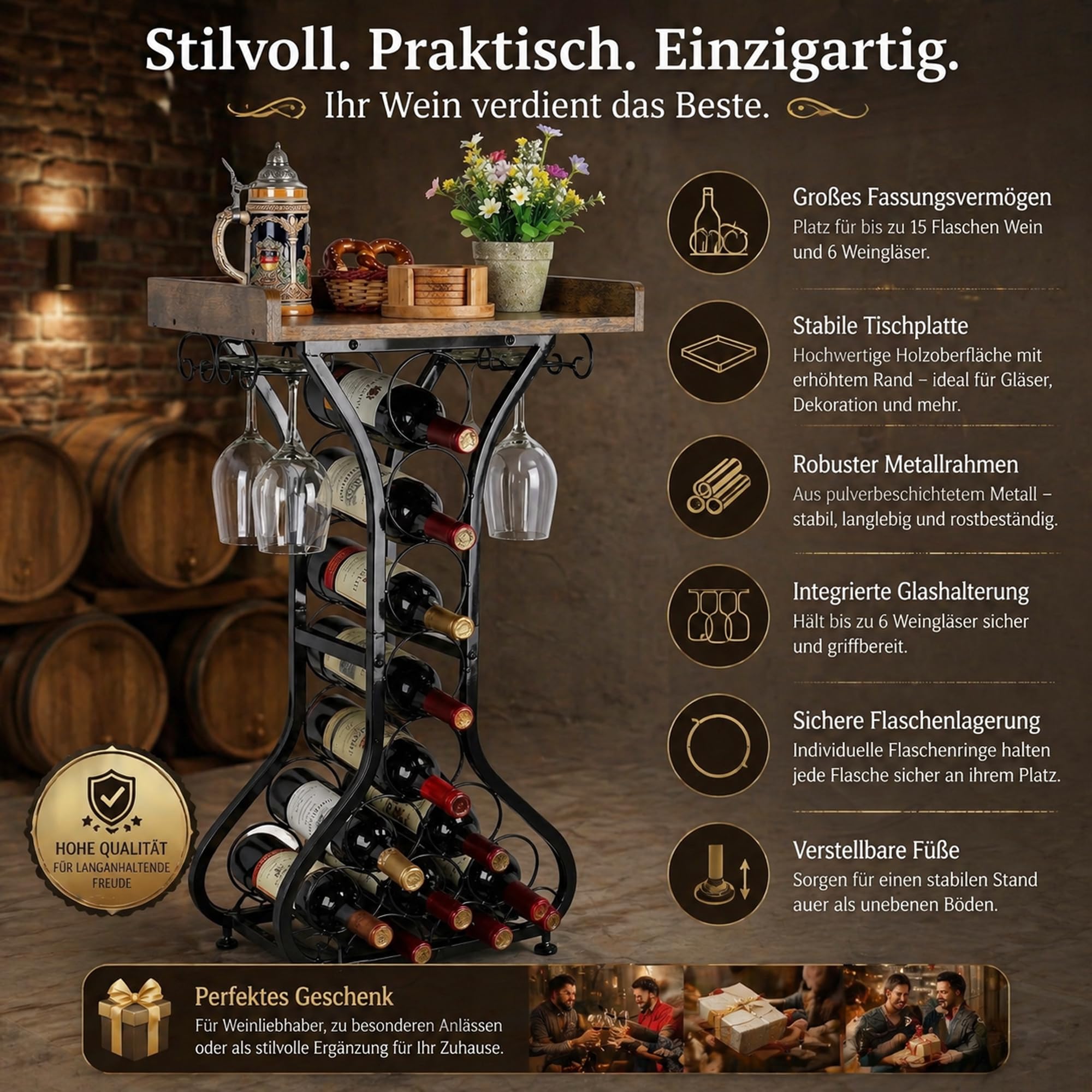 Weinregal Freistehend für 14 Flaschen, Weinflaschenhalter aus Metall mit Glashalter für 4 Gläser und Holzplatte, Flaschenregal Weinständer im Vintage-Design für Küche, Wohnzimmer, Hausbar