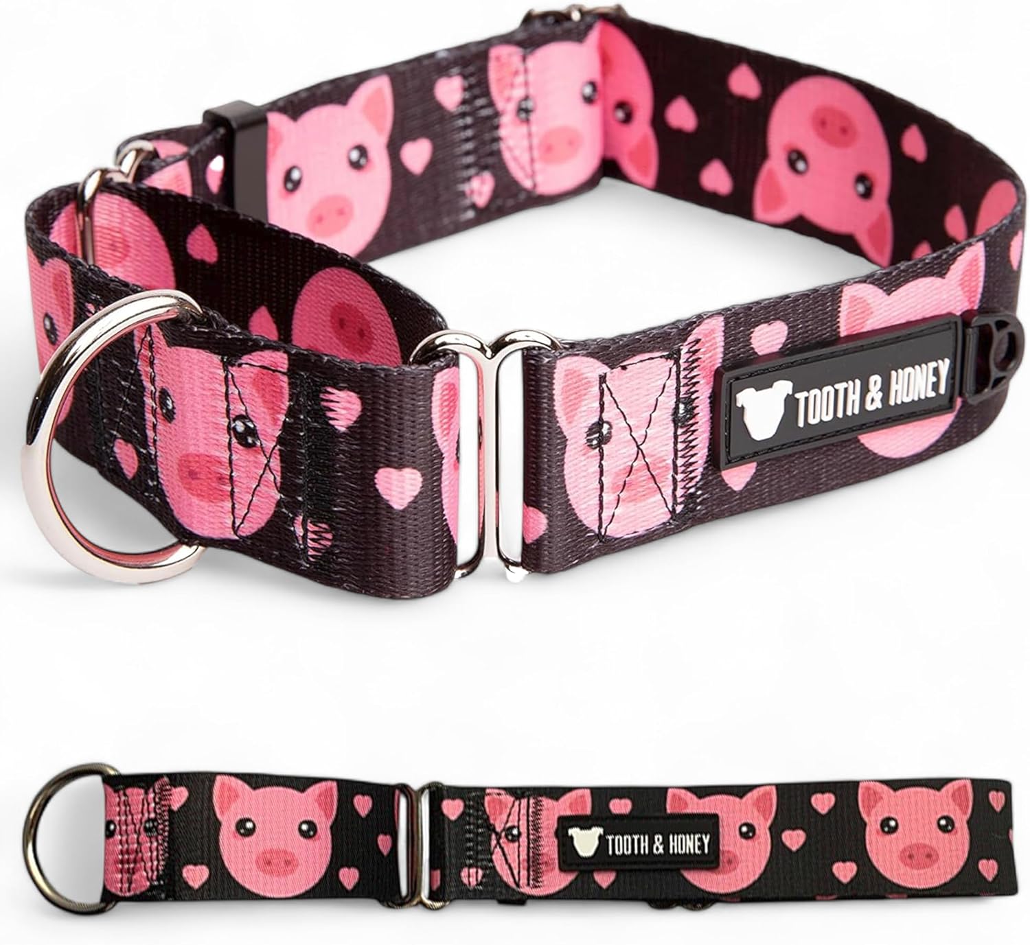 Tooth & Honey Martingale Dog Collar for Dogs 1.5” Wide Slip-On with Durable Hardware, Fits 17–22” Neck, Pig Printed Design