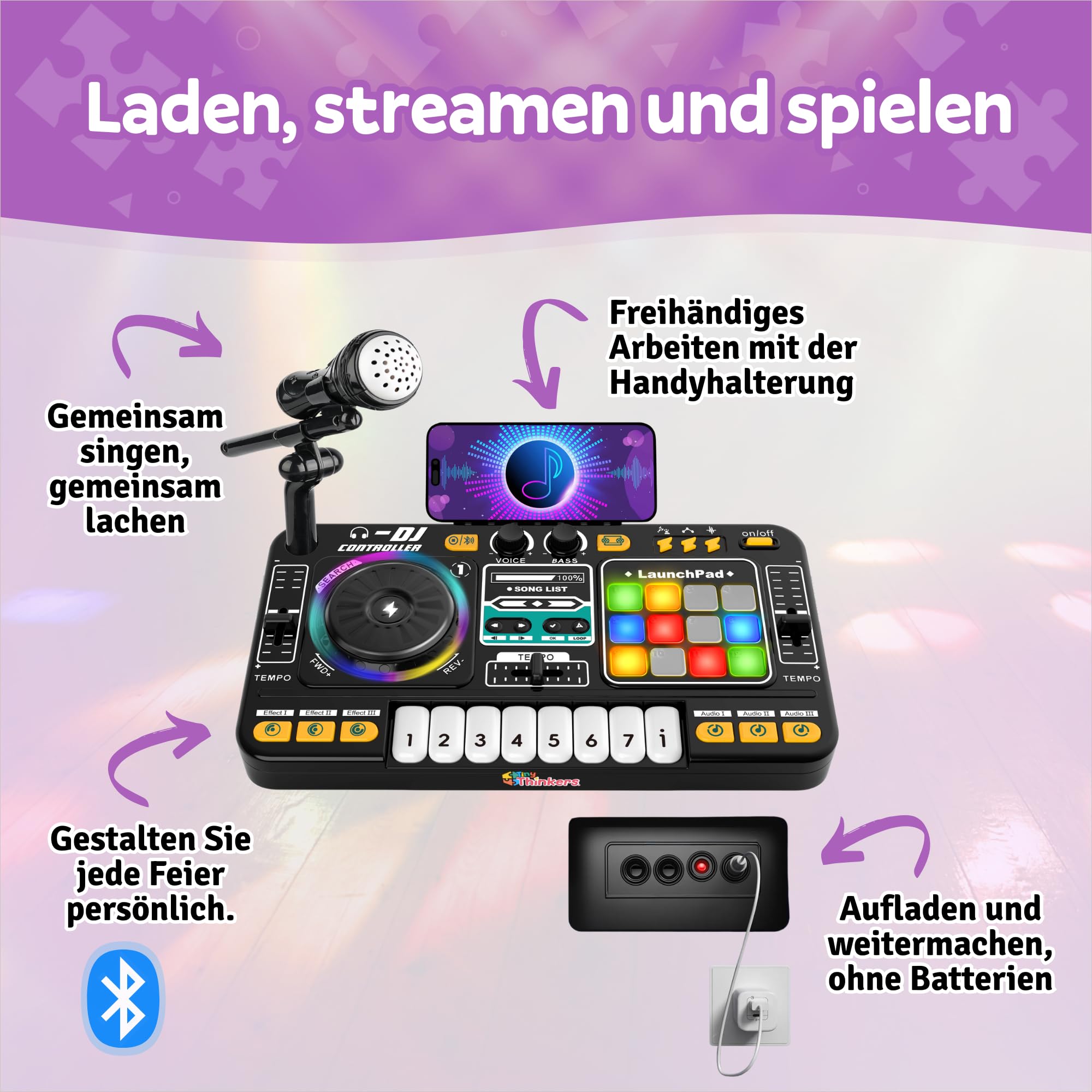 DJ Set für Kinder mit Mischpult & Mikrofon, DJ Pult für Anfänger mit Lichtshow, Bluetooth Verbindung & Touchpads, Wiederaufladbares DJ Mischpult Kinder Spielzeug für Musik & Kreatives Spielen