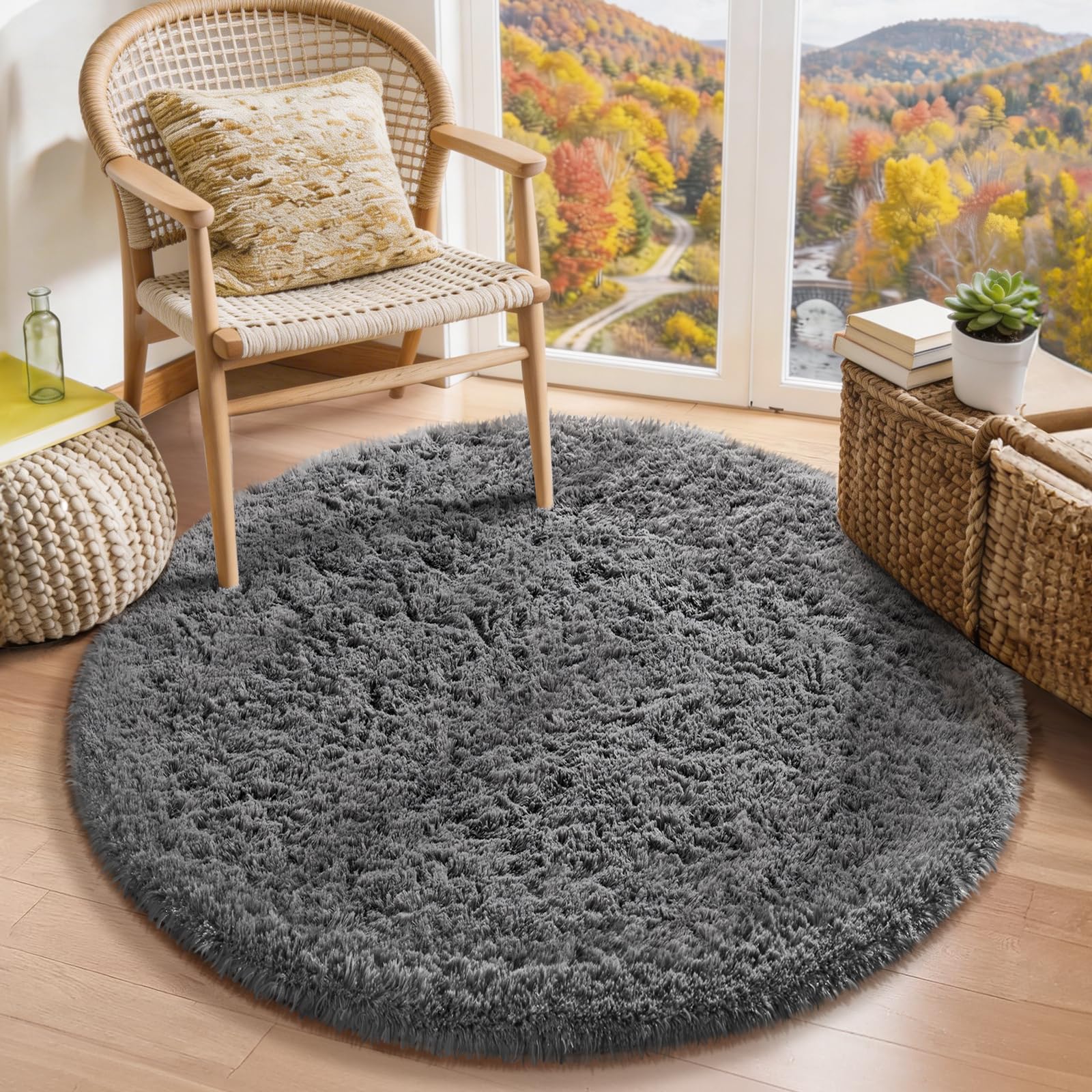 Photo 1 of Ophanie Round Rug 3Ft Grey Circle Area Rugs, Fluffy Fuzzy Small Bedroom Carpet 3 Foot, Plush Shag Floor Gray Living Room Christmas Circular Aesthetic Decor for Kids Teen Boys Baby, Nursery, Classroom