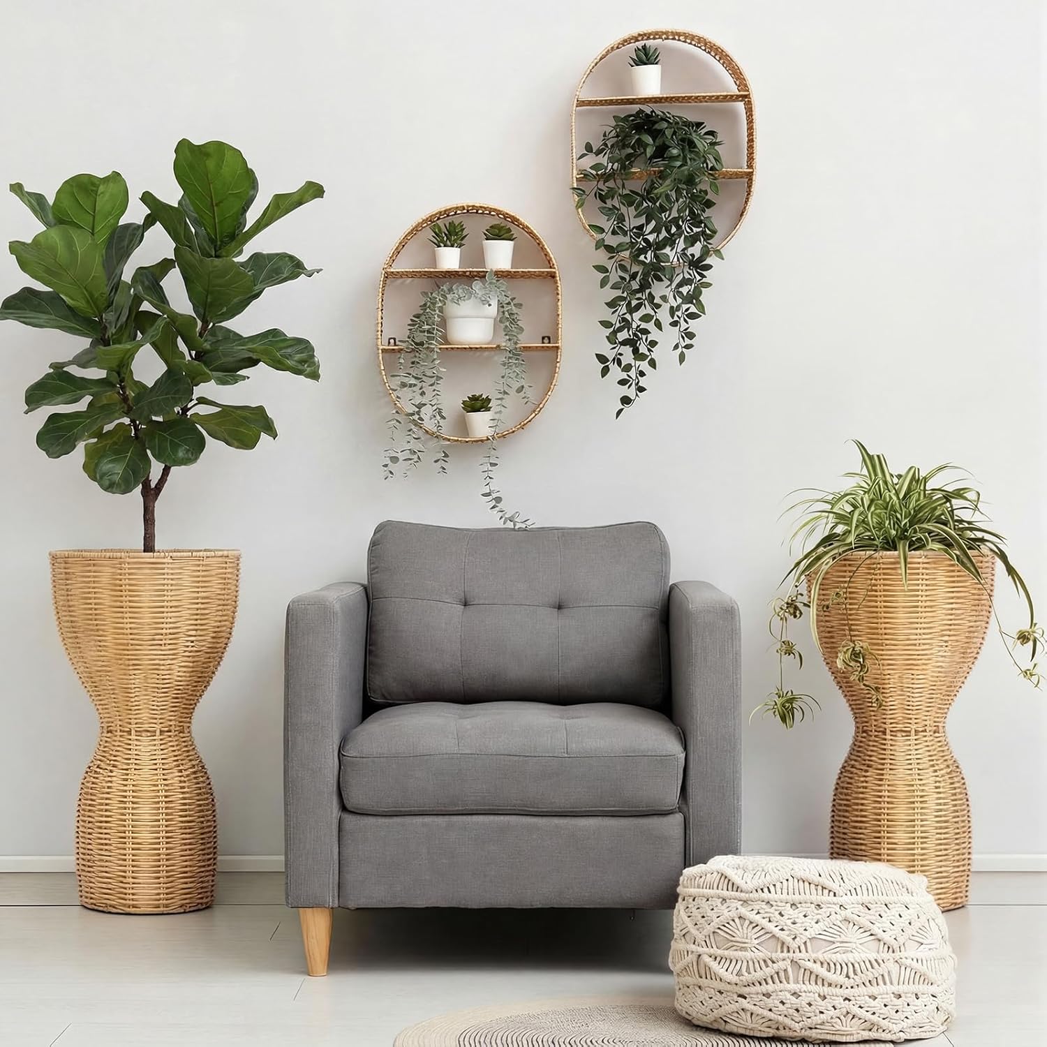 2 Pcs 20 in Tall Wicker Reversible Outdoor Planter Basket Boho Rattan Plant Pots Decorative Woven Flower Pots for Porch Home Patio Backyard Indoor Garden, Dual Size 12 Inch 8 Inch