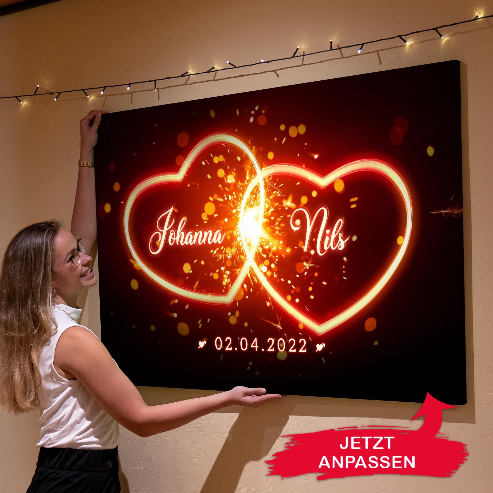 Liebesleinwand Leinwandbild personalisiert | Leinwand gestalten mit Namen und Datum Geschenk für Partner | Glühende Herzen