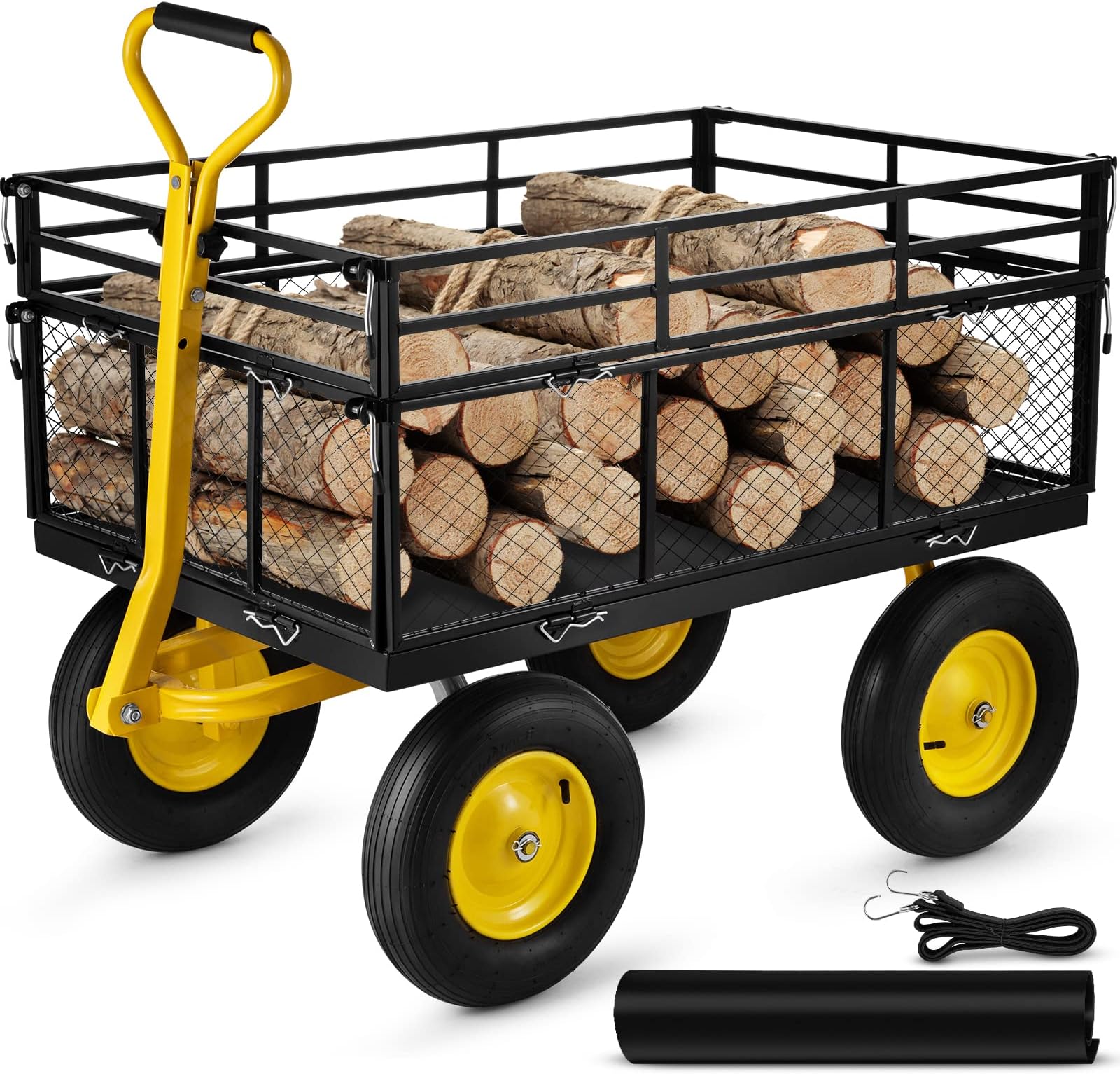 VEVOR Steel Garden Cart, Heavy Duty 1400 lbs Capacity, with Removable Mesh Sides to Convert into Flatbed, Utility Metal Wagon with 2-in-1 Handle and 15 in Tires, Perfect for Garden, Farm, Yard