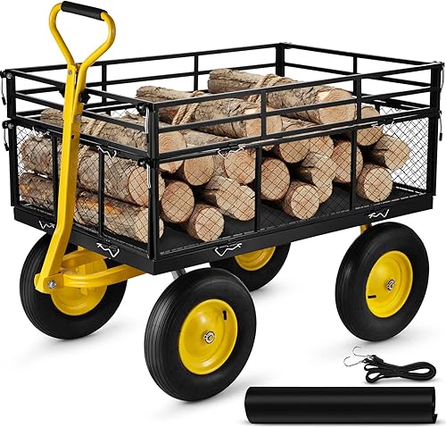 VEVOR Carrito de jardín de acero, resistente capacidad de 1400 libras, con lados de malla extraíbles para convertir en plataforma plana, carro de