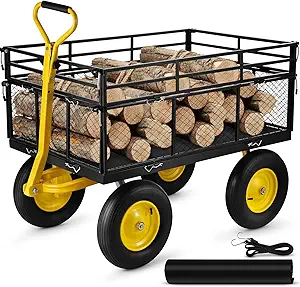 VEVOR Steel Garden Cart, Heavy Duty 1400 lbs Capacity, with Removable Mesh Sides to Convert into Flatbed, Utility Metal Wagon with 2-in-1 Handle and 15 in Tires, Perfect for Garden, Farm, Yard