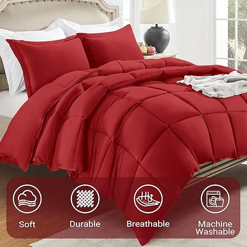 Miniatura 5 de Juego de edredón rojo tamaño matrimonial, juego de edredón de 3 piezas suave y ligero para cama matrimonial, 1 edredón rojo matrimonial (82 x 92