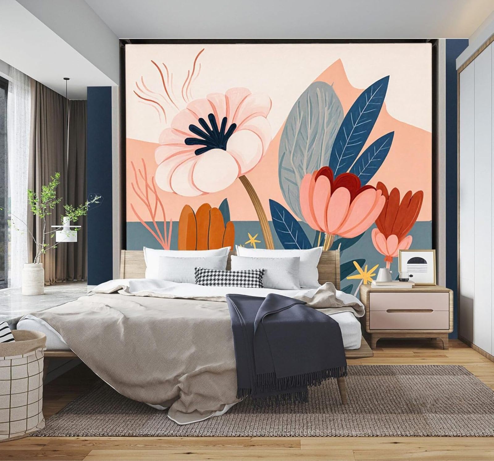 XLMING 3D Carta da Parati Astratto Piante Fiori Rosa Foglie Blu Montagne