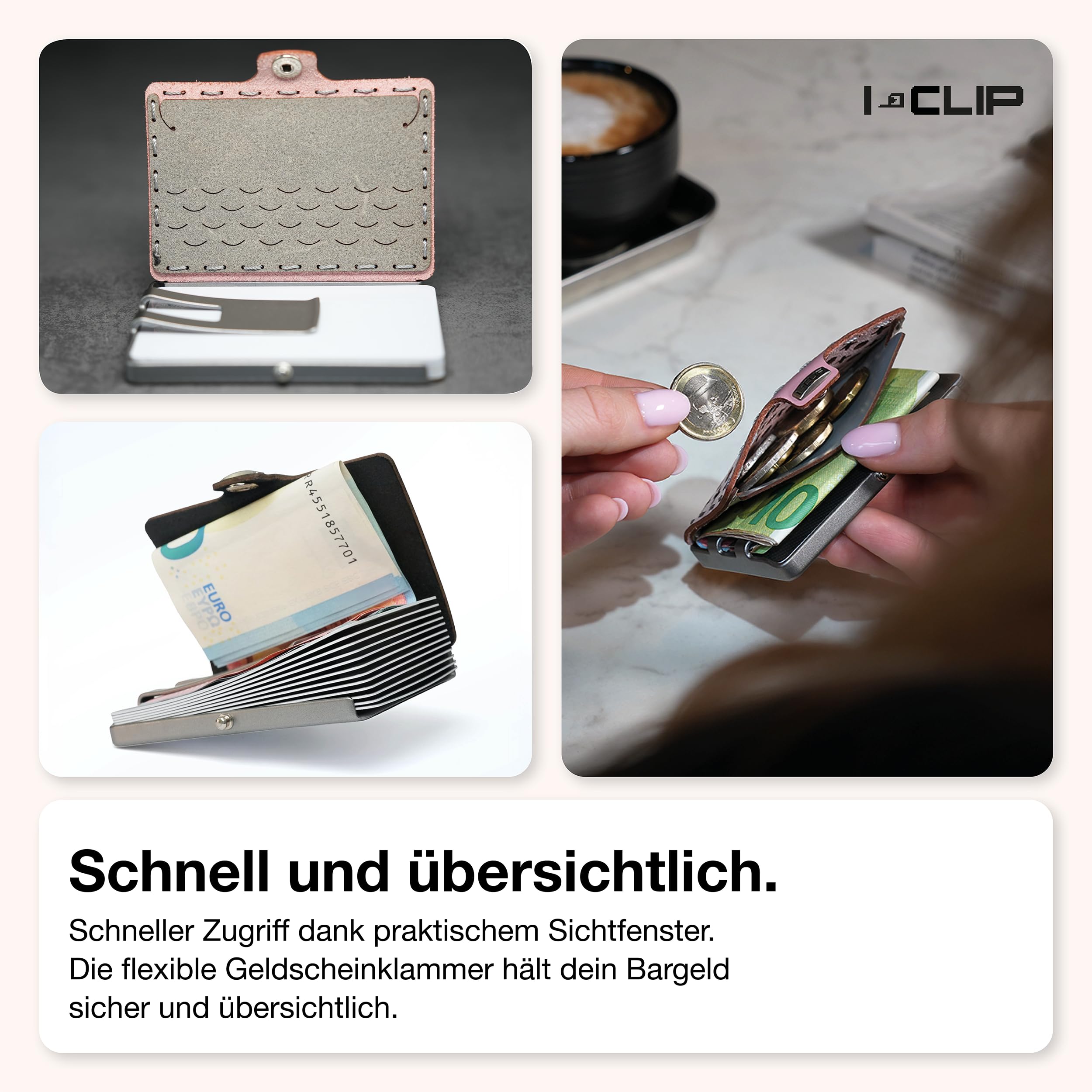 I-CLIP Original Geldbörse mit Münzfach - Damen - Leder Portemonnaie - mit Geldklammer - hochwertiger Geldbeutel - Slim Wallet - Silberner Rahmen - Rosa Leder - Bernardette