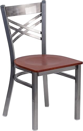 Miniatura 11 de Flash Furniture HERCULES Series Silla de restaurante de metal con revestimiento transparente en X - Asiento de madera de nogal Asiento de madera de