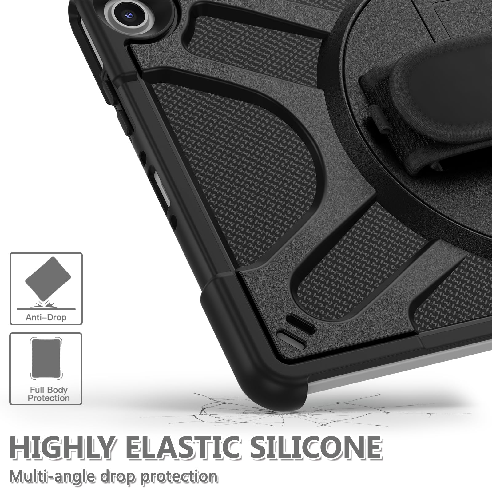 für Amazon Fire Max 11 Hülle 2023 Gen, Stoßfeste TPU Silikon Schutzhülle, Schwarz, Standfunktion, Handschlaufe, Tastaturbindeband, Verstellbarer Schultergurt, Integrierter Stifthalter