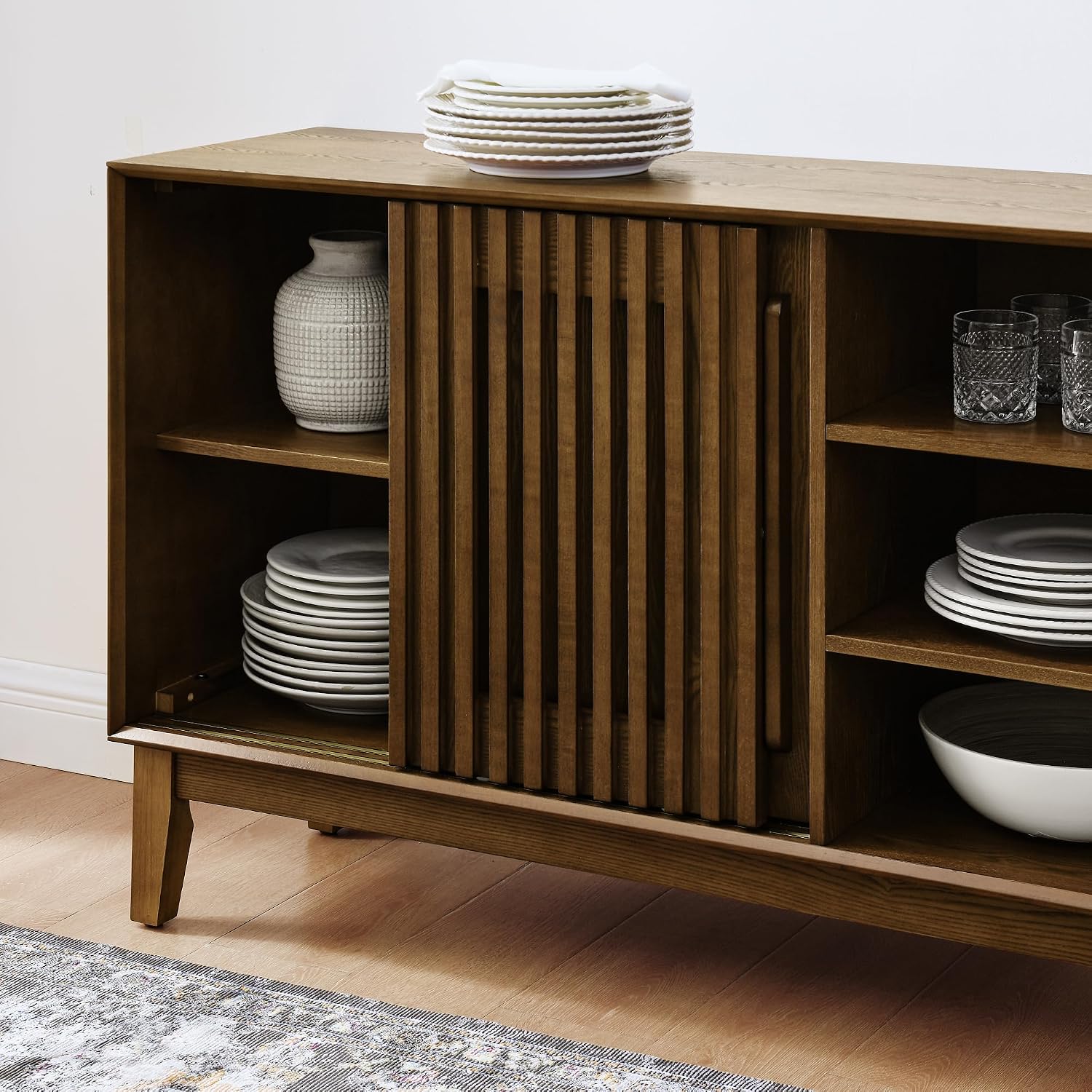LKTART 47.3" Mid Century Modern Sideboard Buffet Cabinet,Coffee Bar Storage Cabinet with Sliding Door, TV Media Console Table for Living Room,Kitchen, Hallway(Walnut)