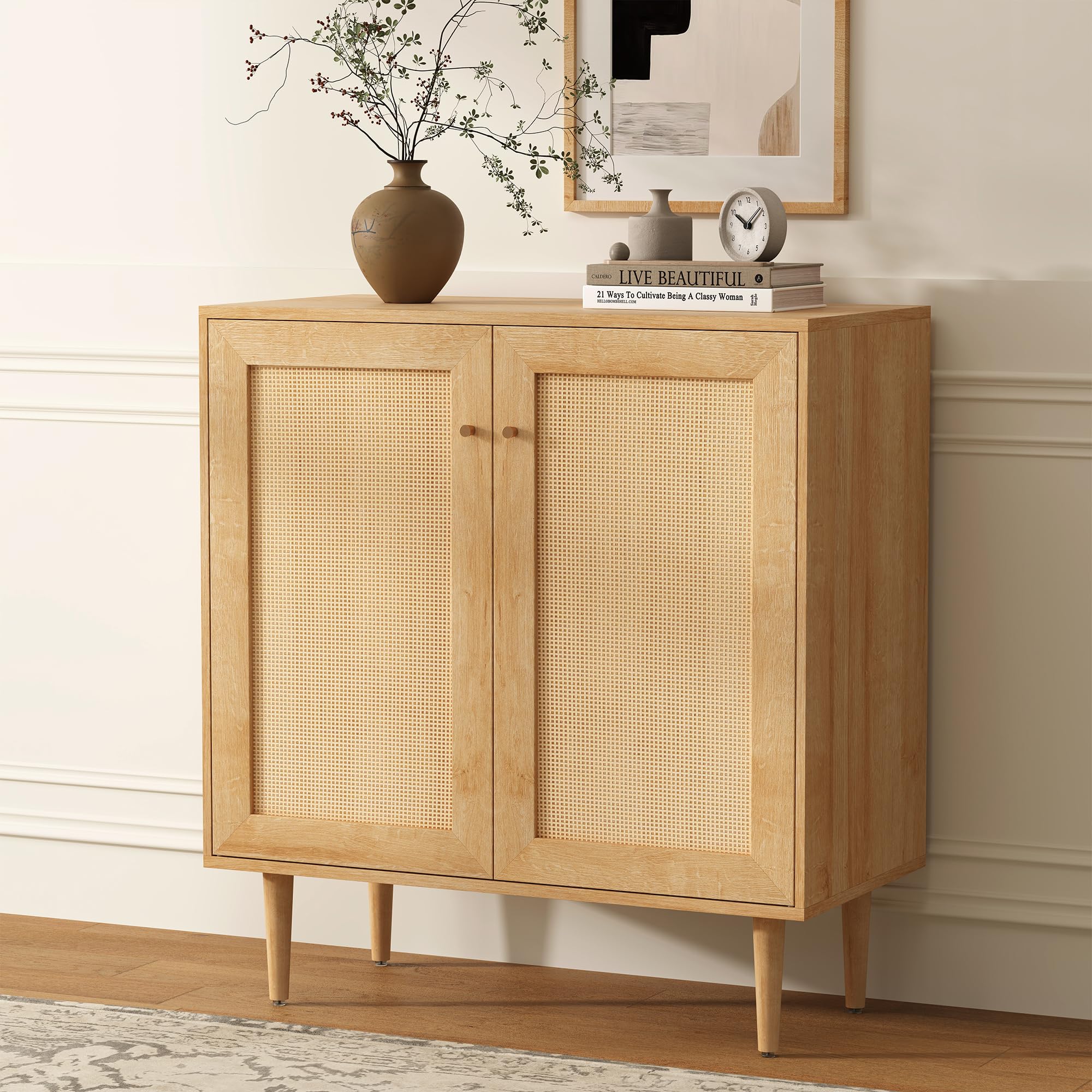 EYYTHUNG Accent Storage Cabinet Sideboard with Rattan Doors, Boho Buffet Kitchen Bar Cabinet Farmhouse Credenza Cabinets with Adjustable Shelves for