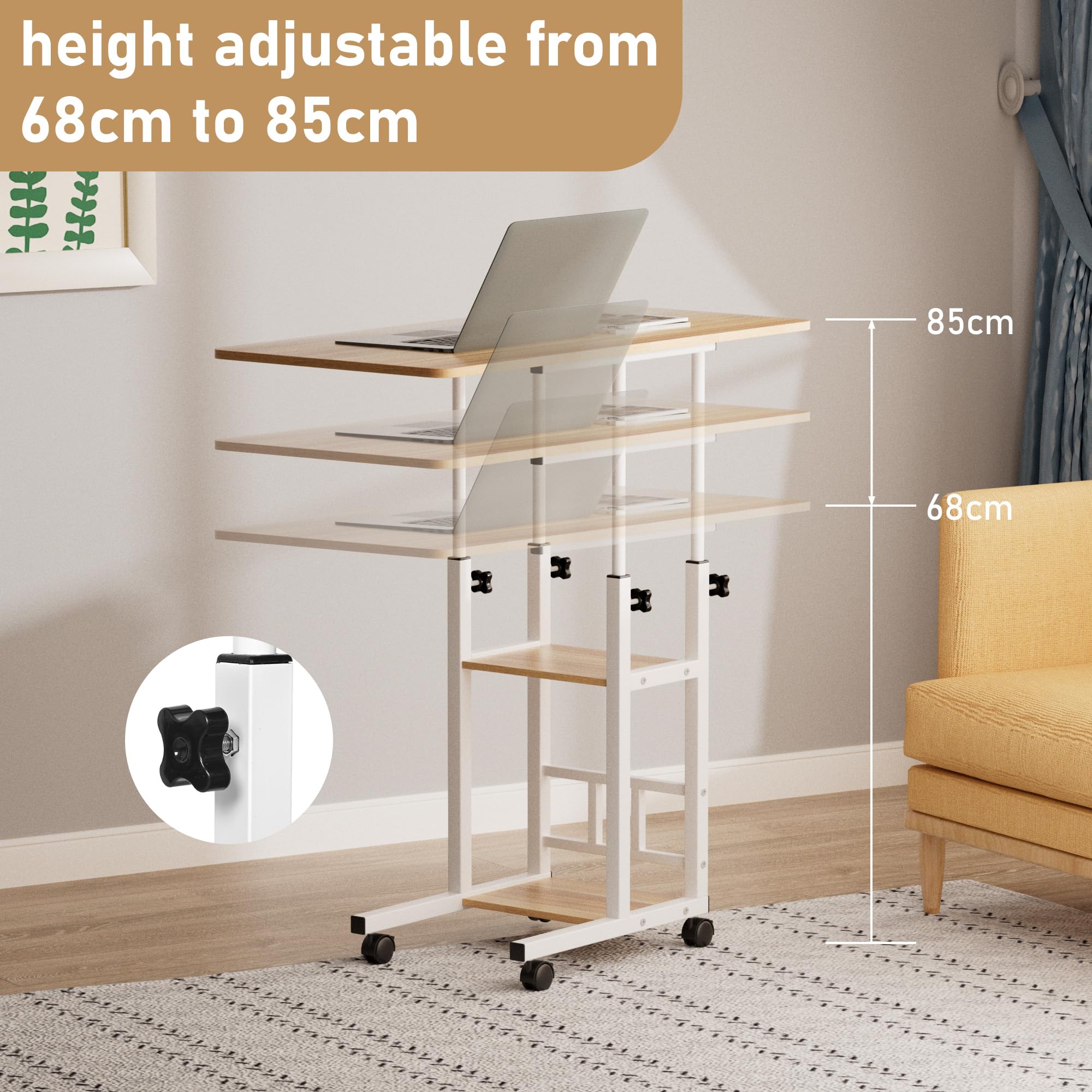 Tavolino mobile per letto a 3 strati, regolabile in altezza, con ruote, stabile, per letto, divano, scrivania, per casa, ufficio, camera da letto, soggiorno
