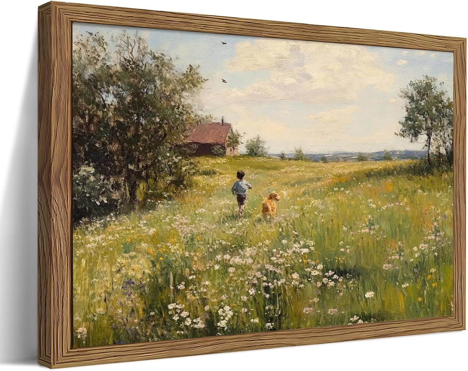 Vintage Framed Canvas Wall Art, Rustic Wall Decor, Boy Running in the Flower Field Pictures Prints, Farmhouse Landscape Oil Painting, Country Artwork for Living Room Bedroom – 16x24in Rural Memories Framed 24"L x 16"W