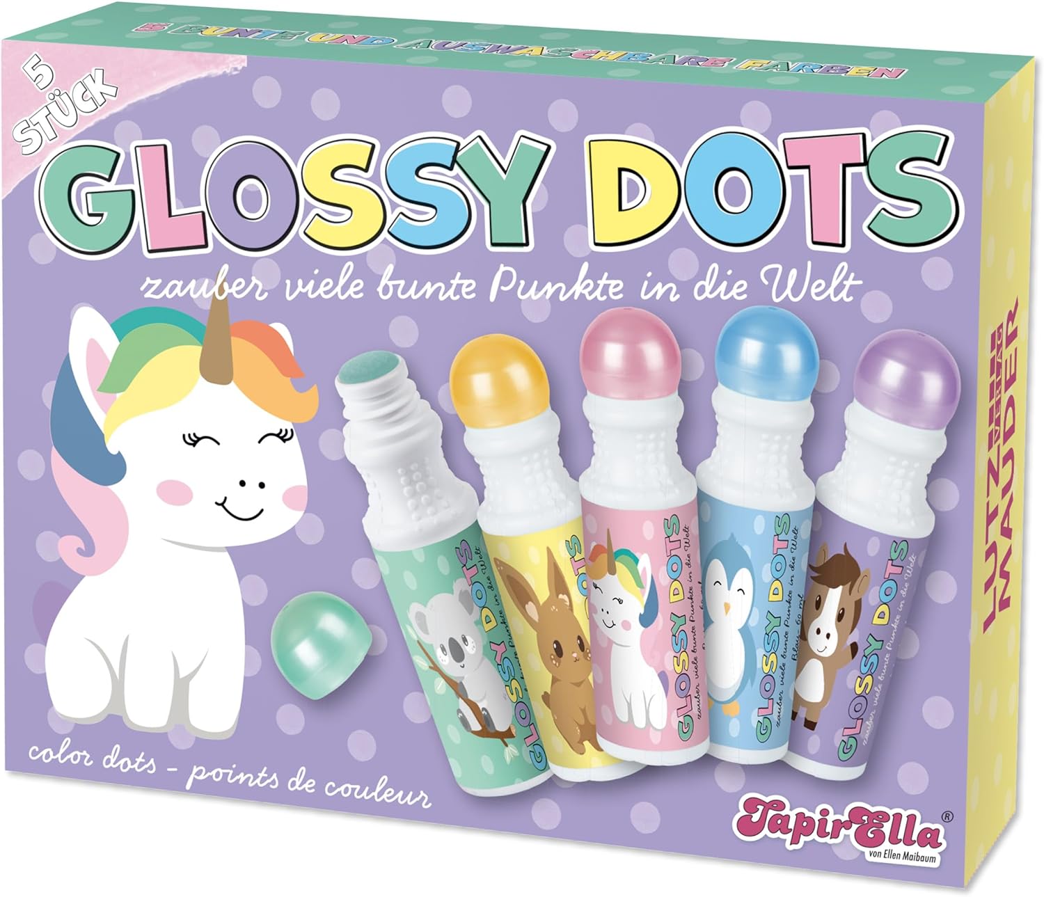 Lutz Mauder Stamp Marker Painting and Stamp Pens Glossy Dots, Pack of 5 Different TapirElla Designs in Pastel Colours with Metallic Effect, Colouring Pens and Stamps in Five Colours