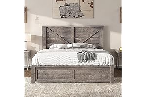AMERLIFE Queen Size Rustic Grey Wood Bed Frame with Barn Door Headboard