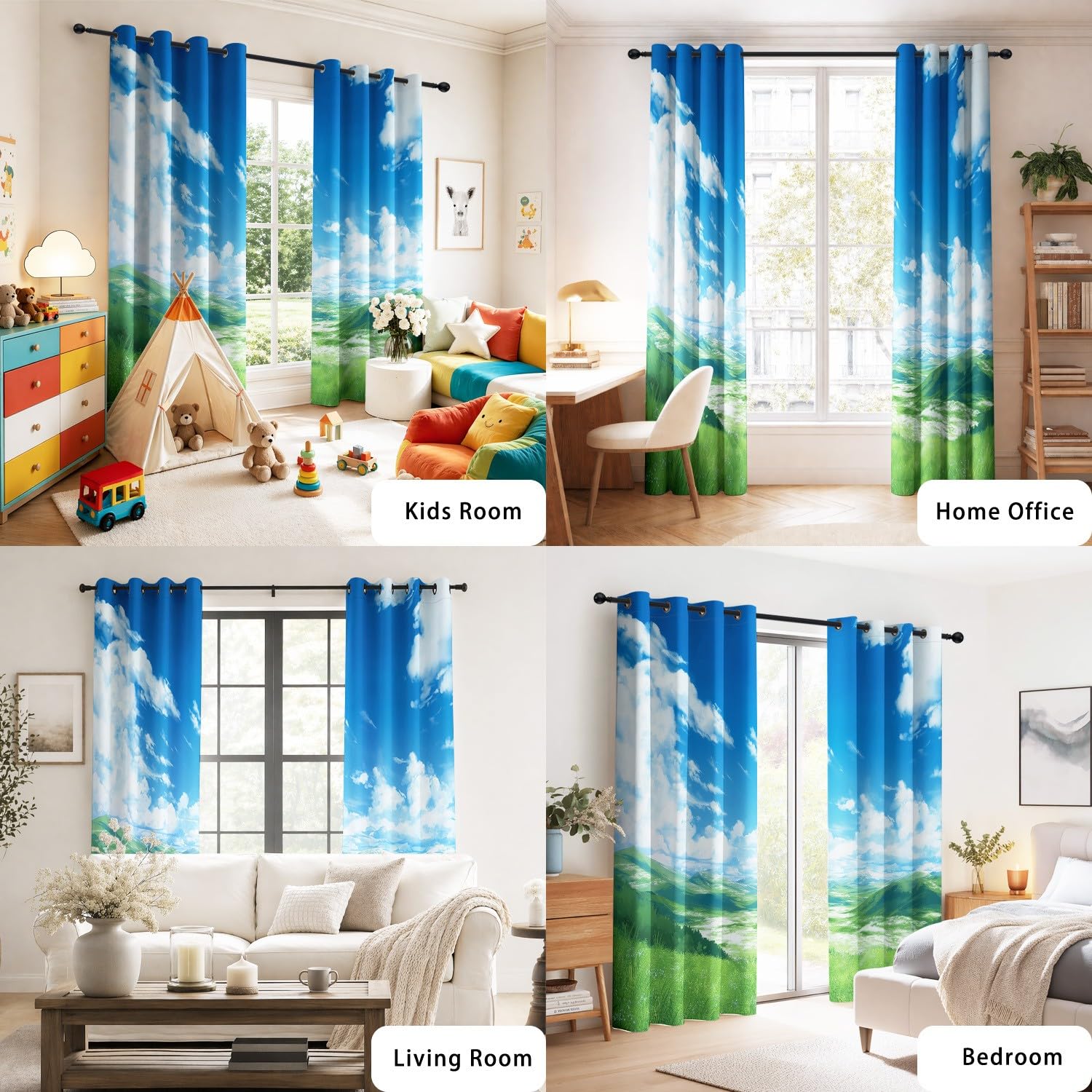 Rideaux Occultants Esthétique Couleurs Douces, Paisible 140L X 180H cm Ciel Bleu, Collines, Nuages duveteux – Isolation Thermique et Protection de l'Intimité, 2 Panneaux pour Chambre d'Enfant