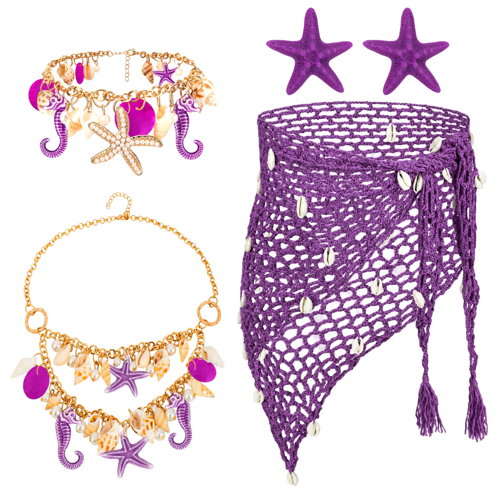 XEPST 5PCS Mermaid Costume for Women - Siren Costume Mermaid Accessories Set With Sarong Crochet Skirt Cover Up Shawl Starfish Hair Clips Shell Jewelry for Halloween Costumes Cosplay Carnival,Purple — image 1