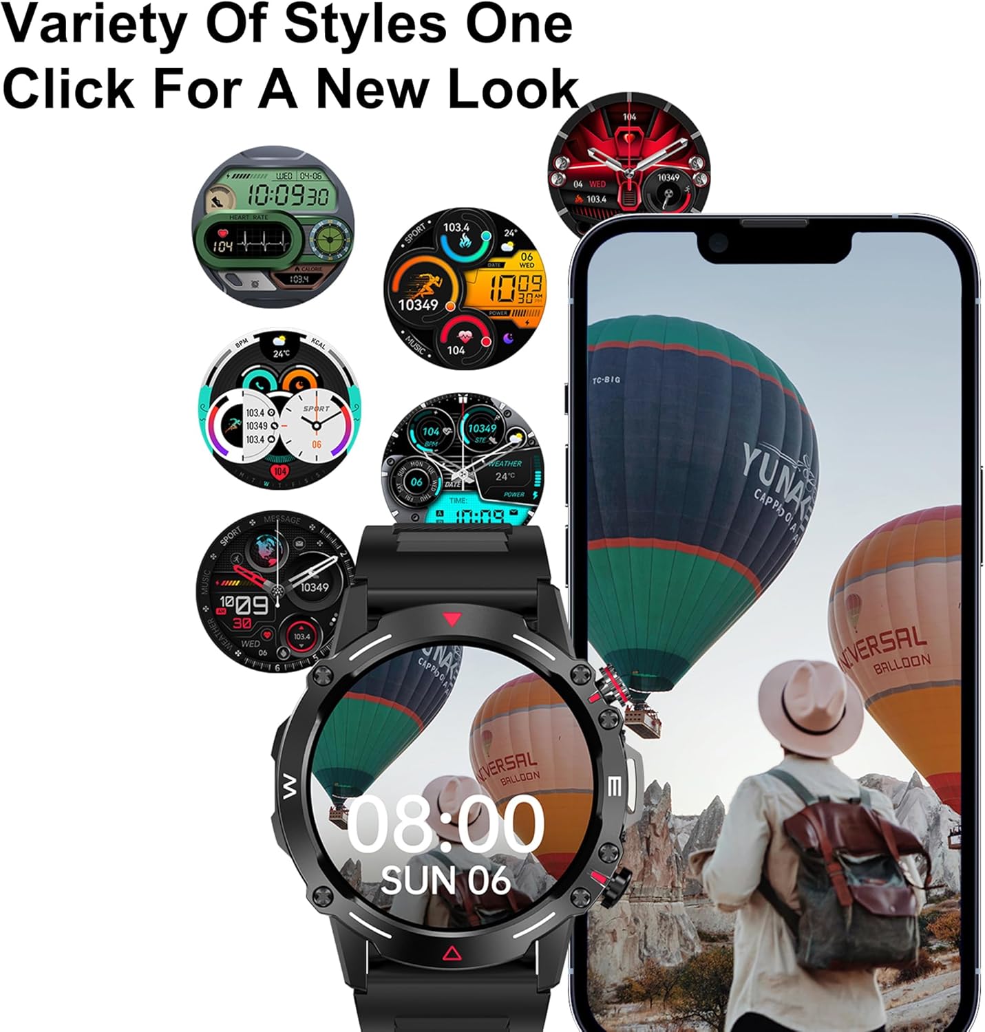 DOVIICO Smart Watch HK87 displaying multiple watch face options, with a smartphone showing a hot air balloon scene in the background.