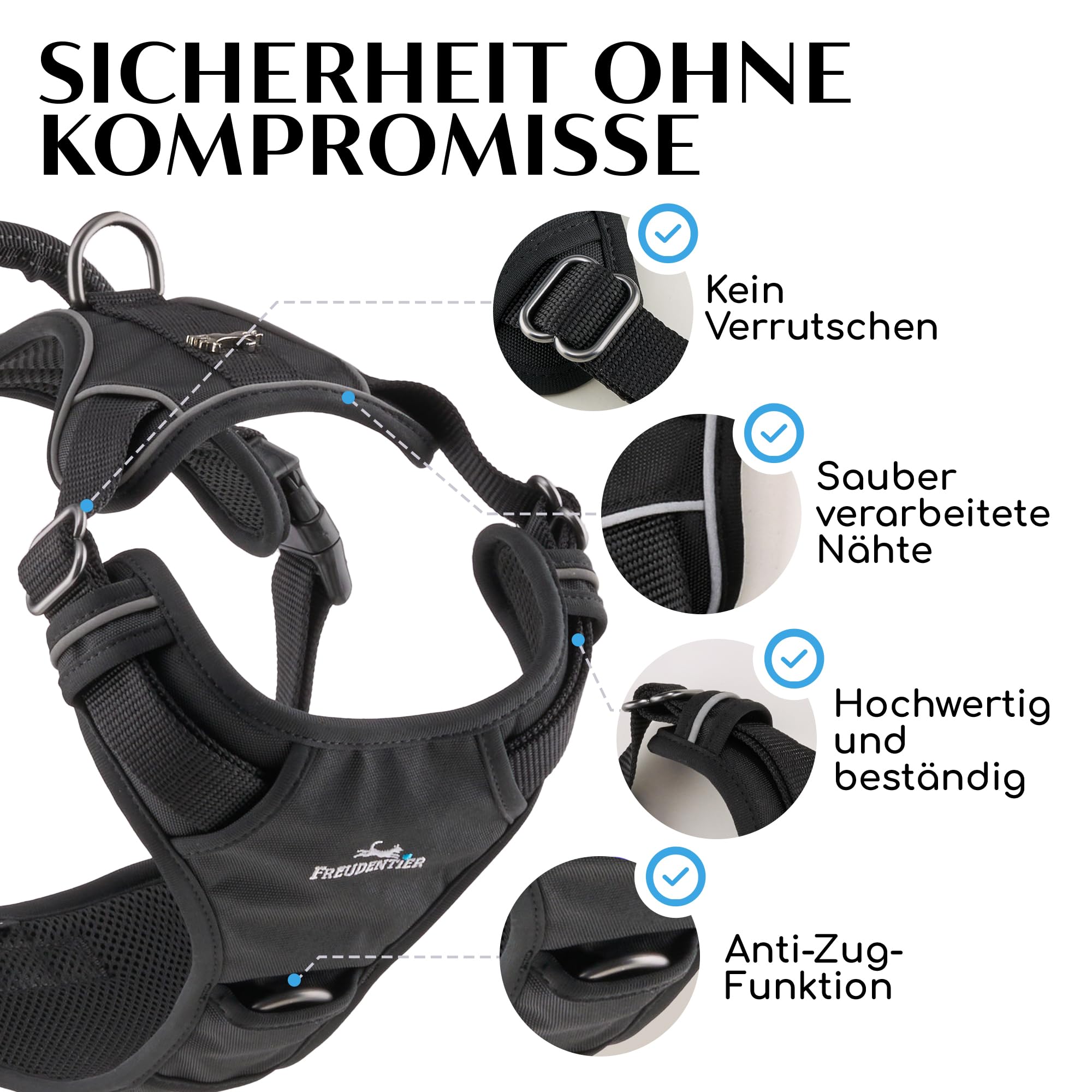 FREUDENTIER Hundegeschirr mit Griff, atmungsaktiv gepolstert - Bombenfester Sitz & maximale Sicherheit - Anti Zug Hundegeschirr kleine, mittelgroße & Grosse Hunde - Hunde Geschirr (Black, L)