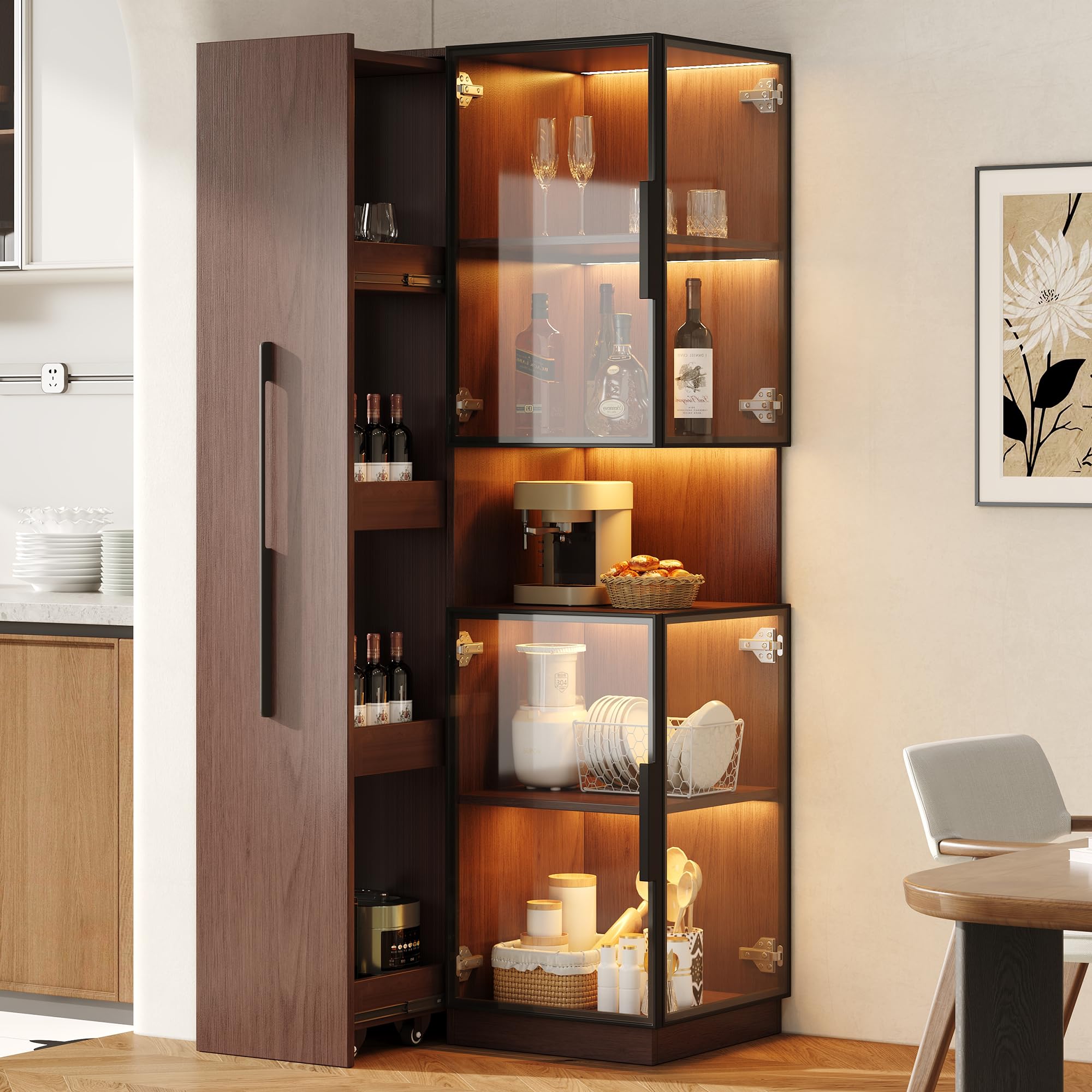 Armario de vitrina de 70 x 38 x 160 cm con estante extraíble, doble cristal, armario de madera MDF de nogal, almacenamiento, armario alto multifuncional para salón, comedor, cocina, color