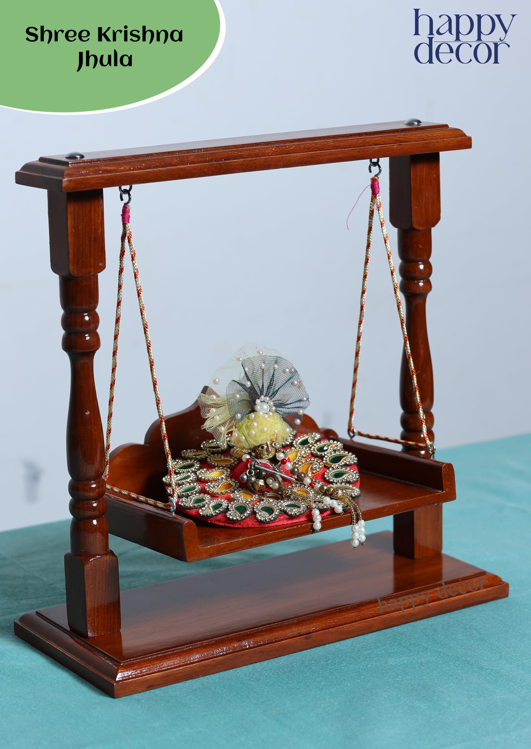 Happy Decor Wooden Laddu Gopal Jhula, Shri Krishna Jhoola for Kanha Ji Pooja Room, Premium Polished (Size:- 13"x12"x6"), Seat Size :- (8"x5.5") for 0 to 4 no bal goapl